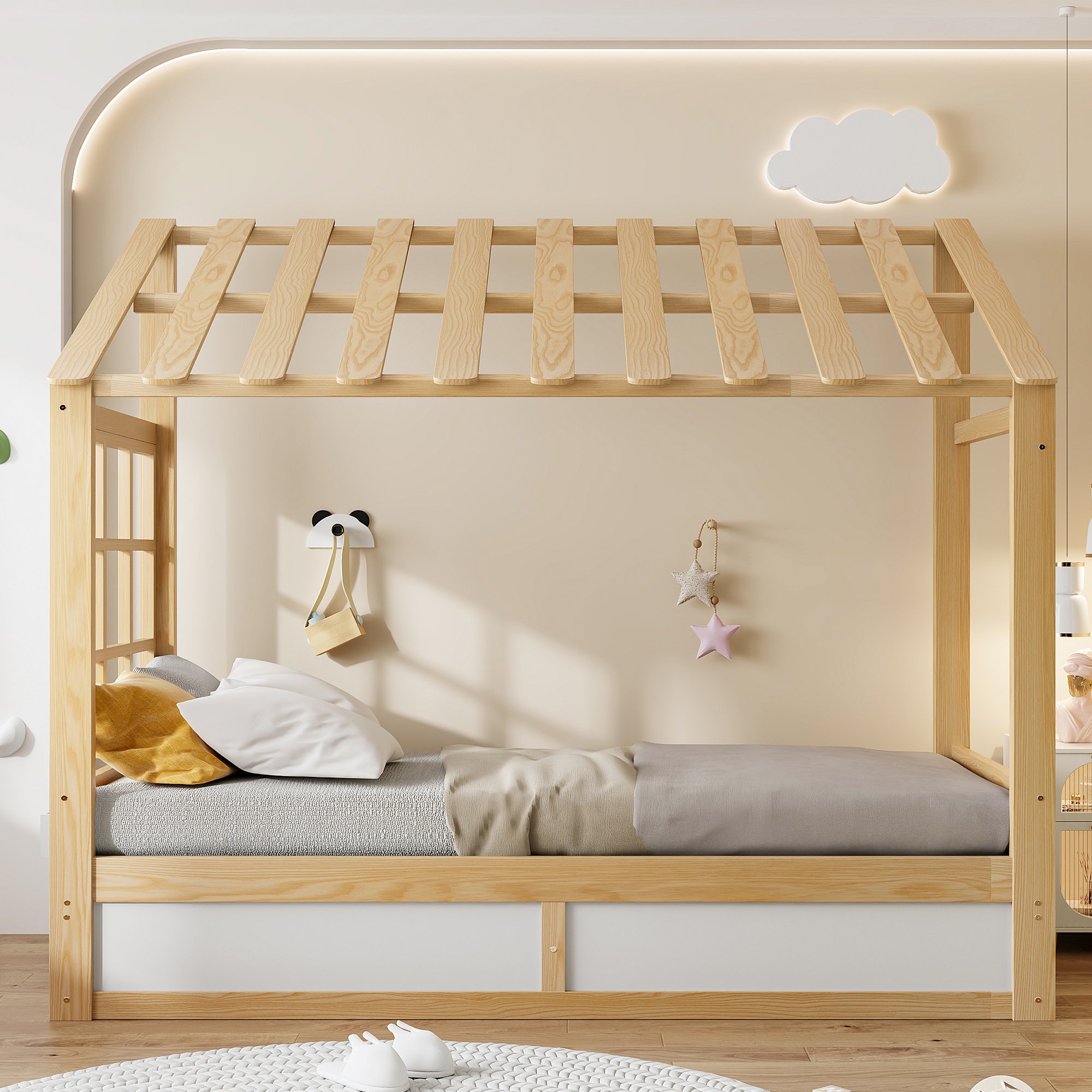 Lit mezzanine 90x200 pour enfant, avec rangements latéraux et hydrauliques, bois et blanc