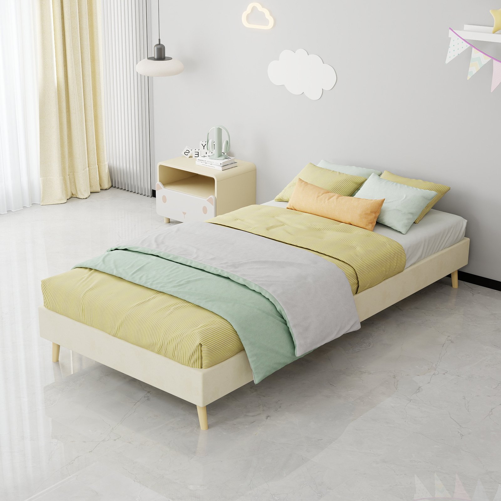 Lit rembourré en tissu velours beige, structure en panneaux de fibres et pieds en bois, 90x200 cm, design moderne