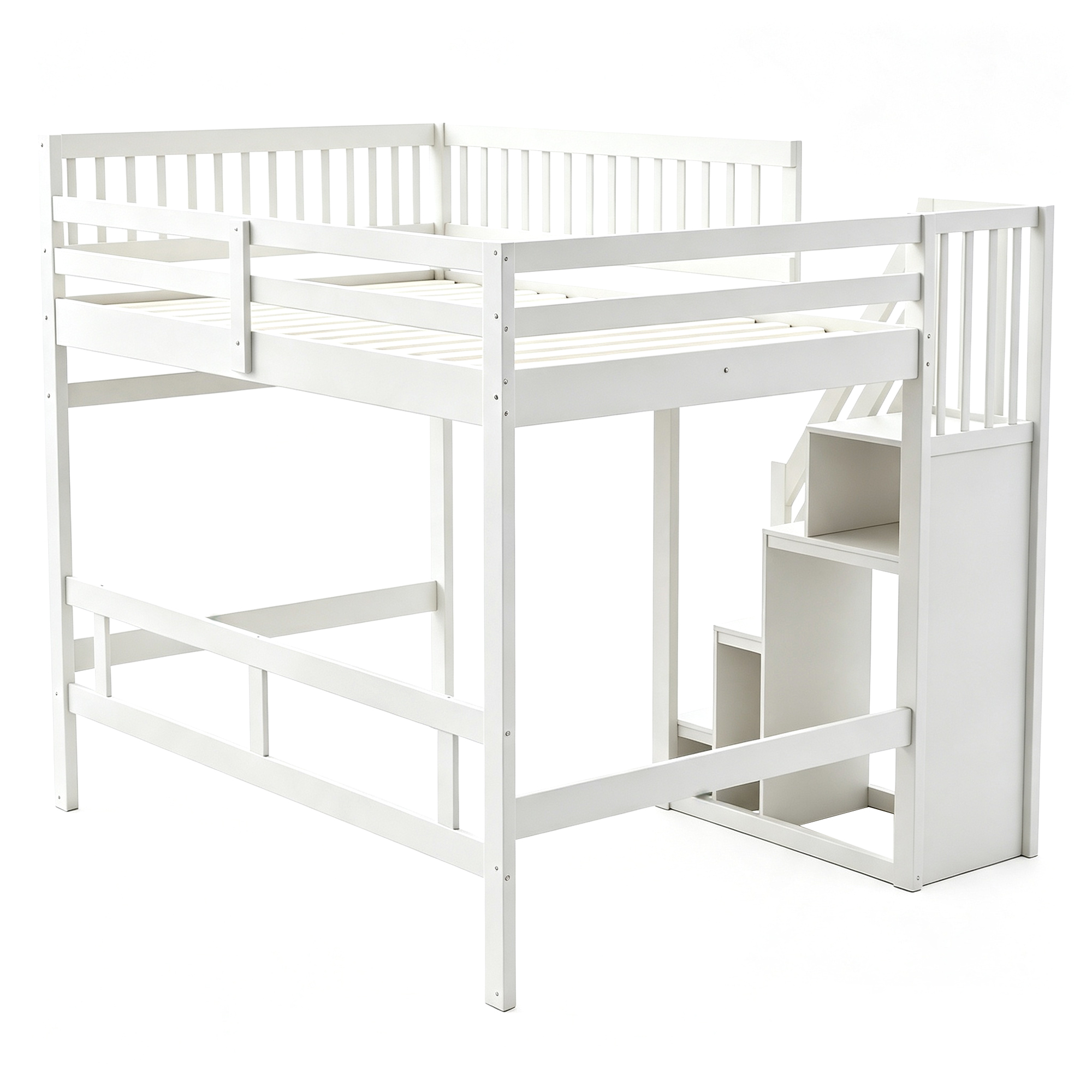 Lit enfant 140x200 en bois massif blanc avec rangement et barrière de sécurité