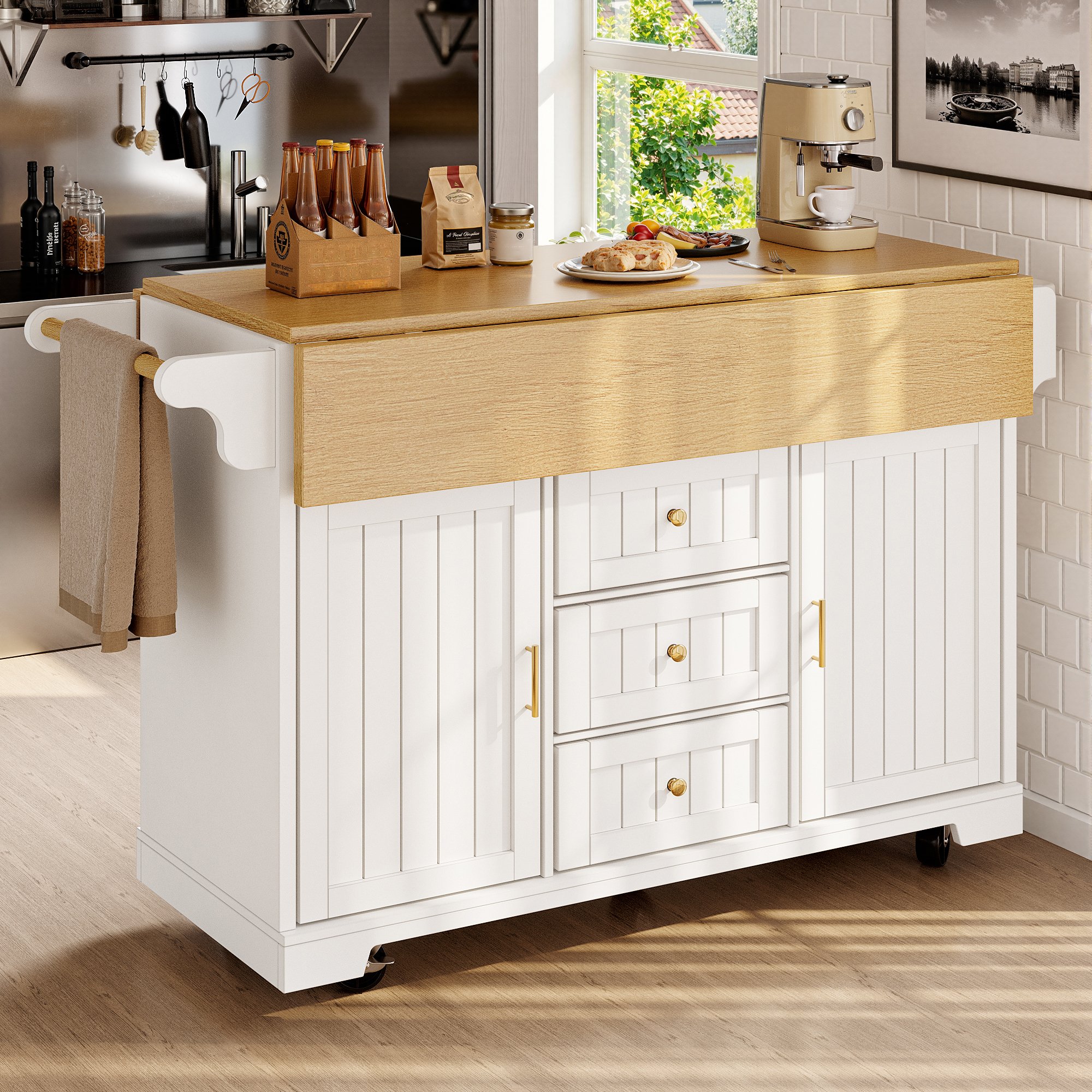 Îlot de cuisine 120x40x95 cm avec rangement, table pliante, 2 portes, 3 tiroirs, blanc, sur roulettes, Panneau composite de fibres de bois à densité et métal