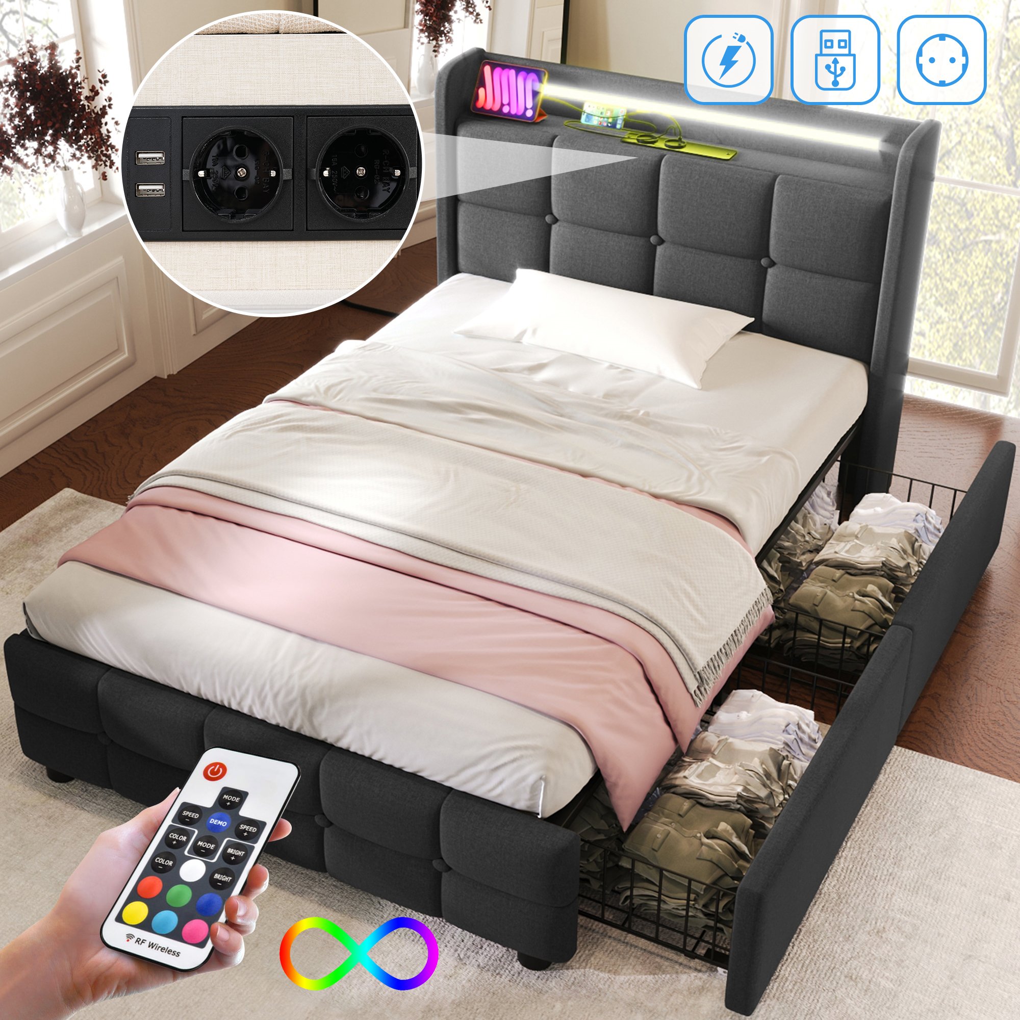Lit coffre 90x200 en métal et tissu gris avec sommier à lattes, 2 tiroirs latéraux et LED au pied