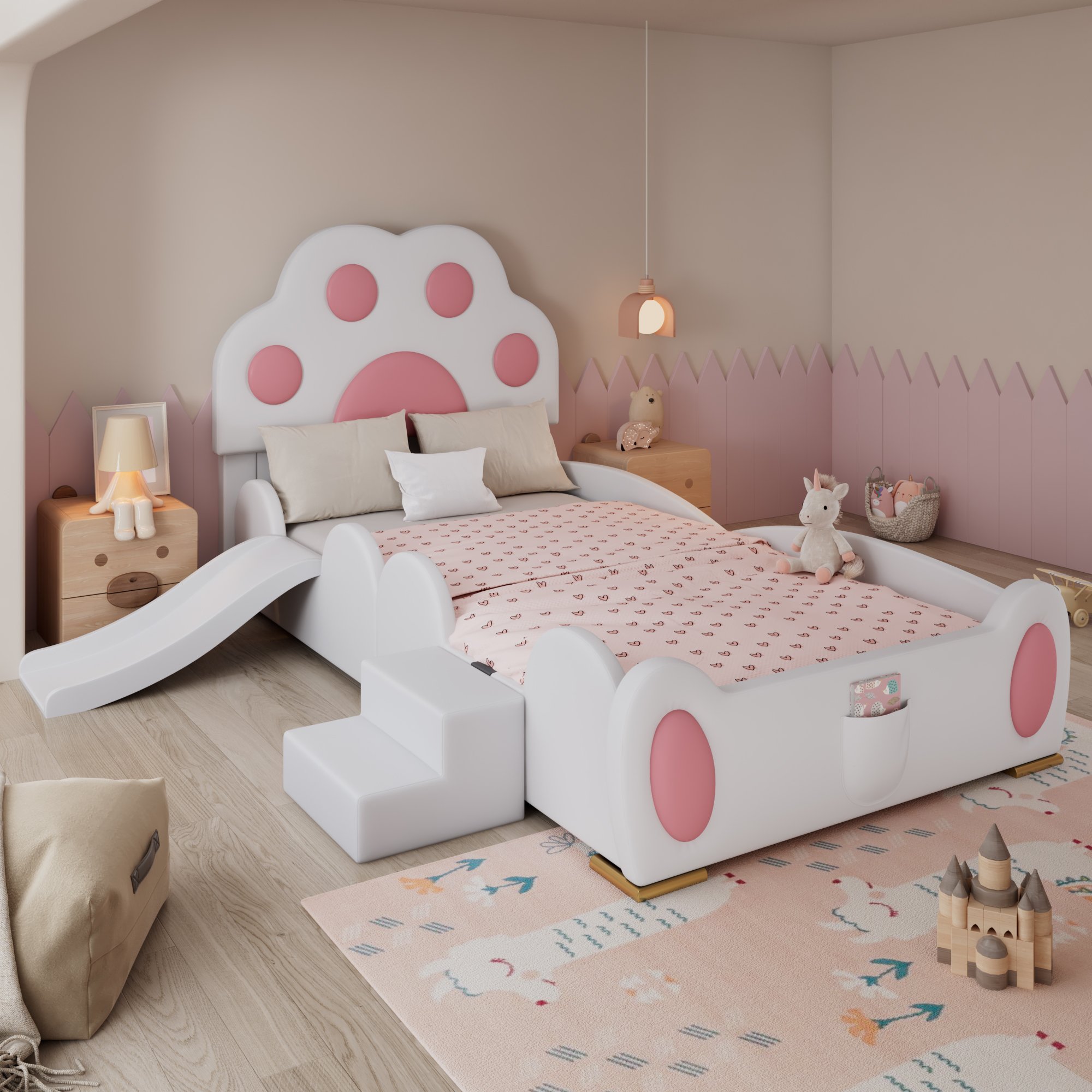Lit enfant avec toboggan et échelle, tête de chat, rembourré, 90x200, rose et blanc, rangement