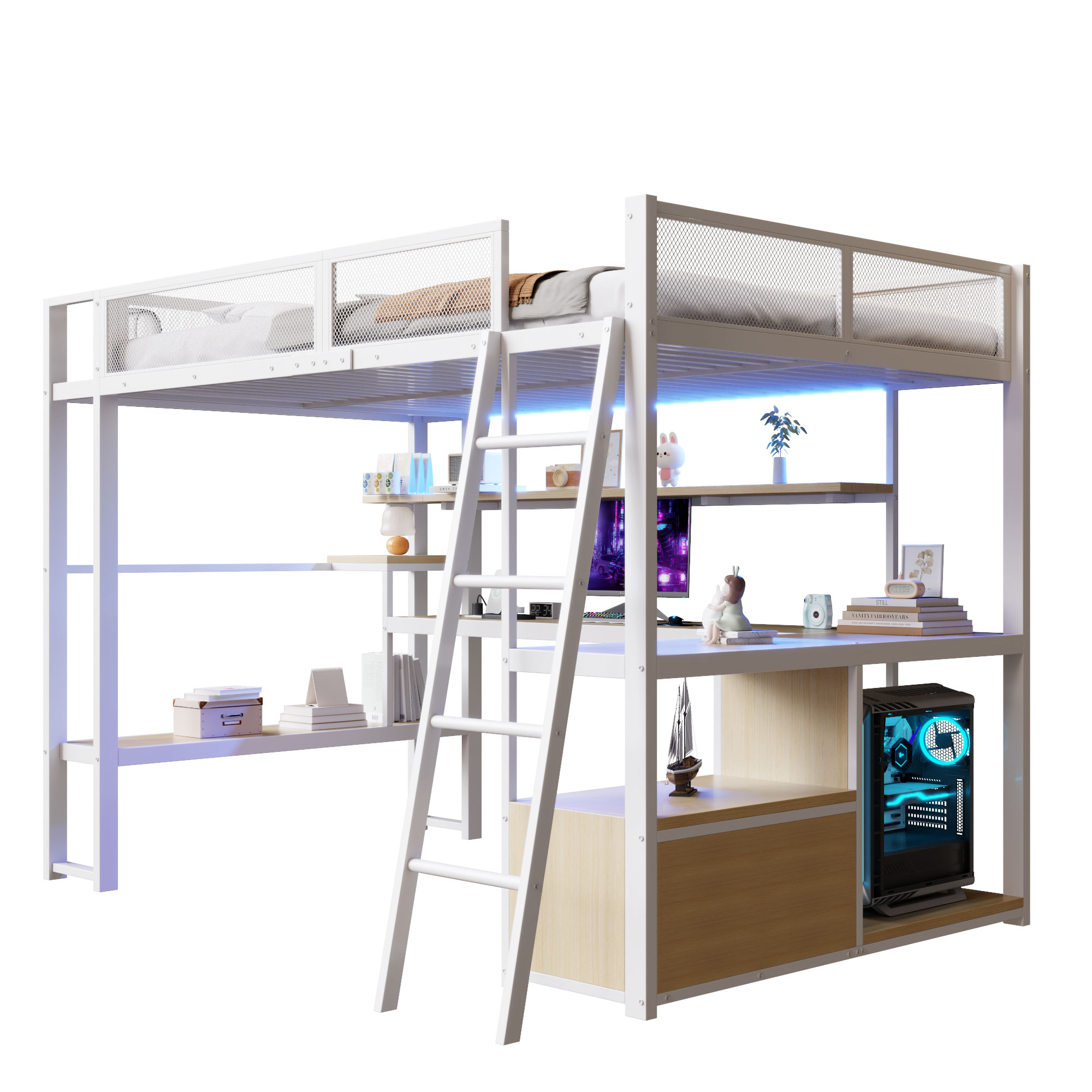 Lit mezzanine avec bureau, éclairage LED et rangements, couchage 140x200