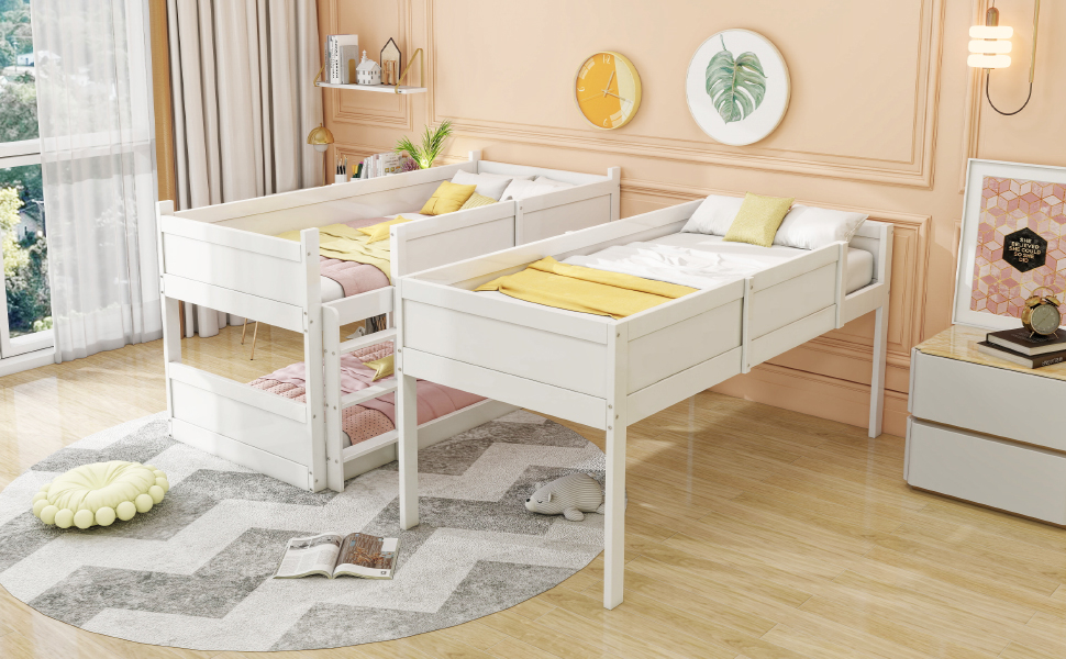 Lit mezzanine enfant 90x200 en bois massif blanc, 3 couchages, avec garde-corps et lattes