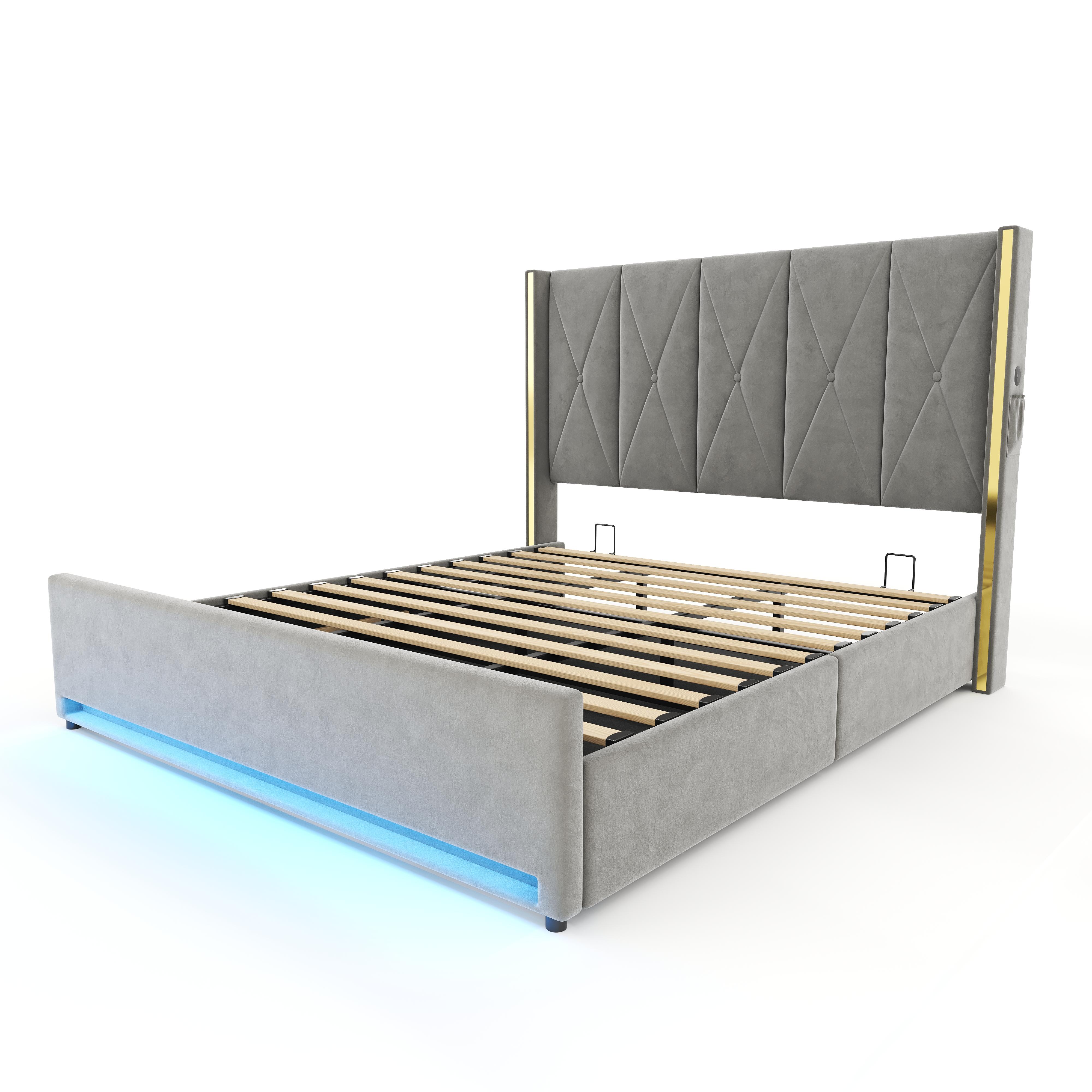 Lit coffre 180x200 en velours gris avec rangement hydraulique, LED, USB et tête capitonnée
