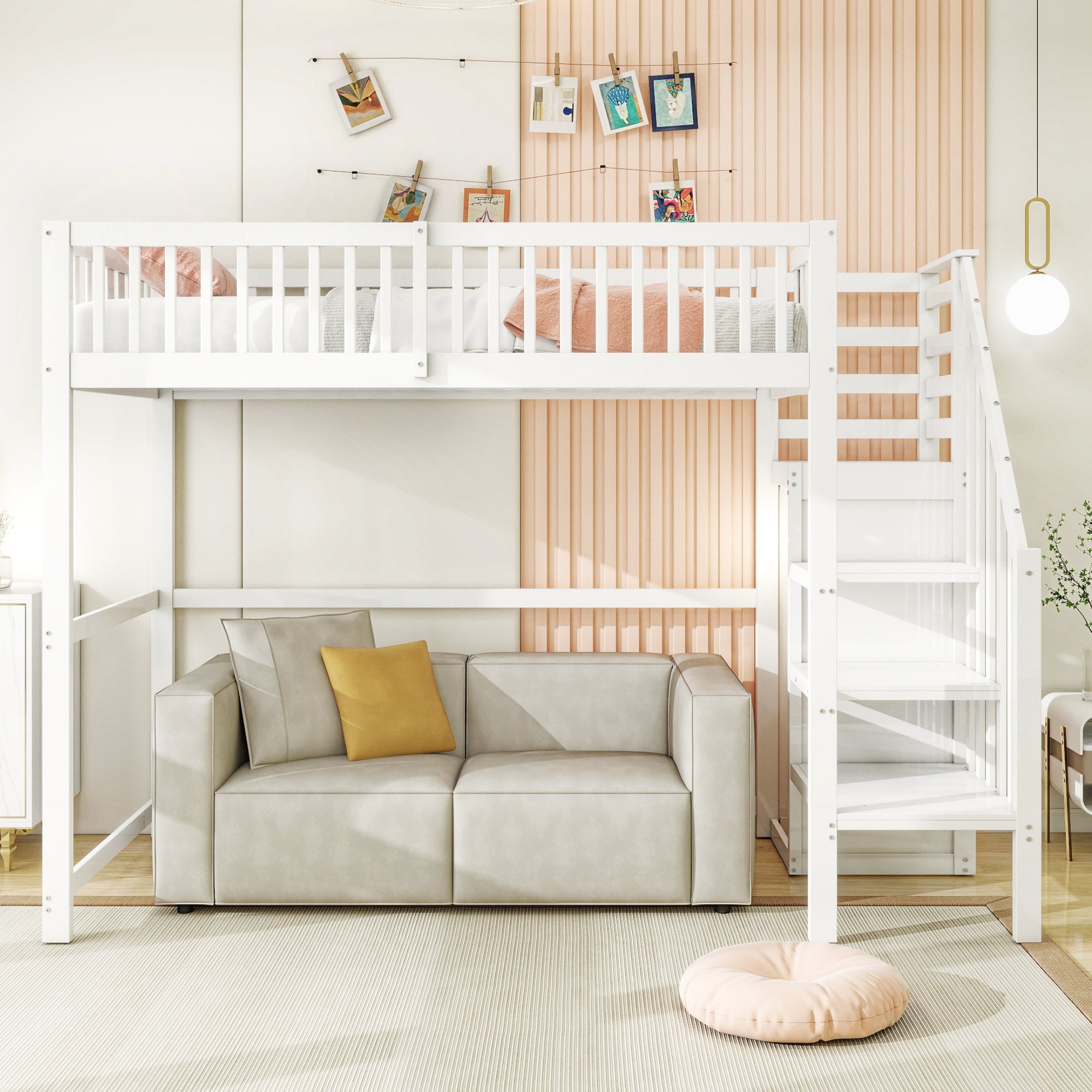 Lit mezzanine 90x200 avec rangement, échelle et penderie, blanc, bois
