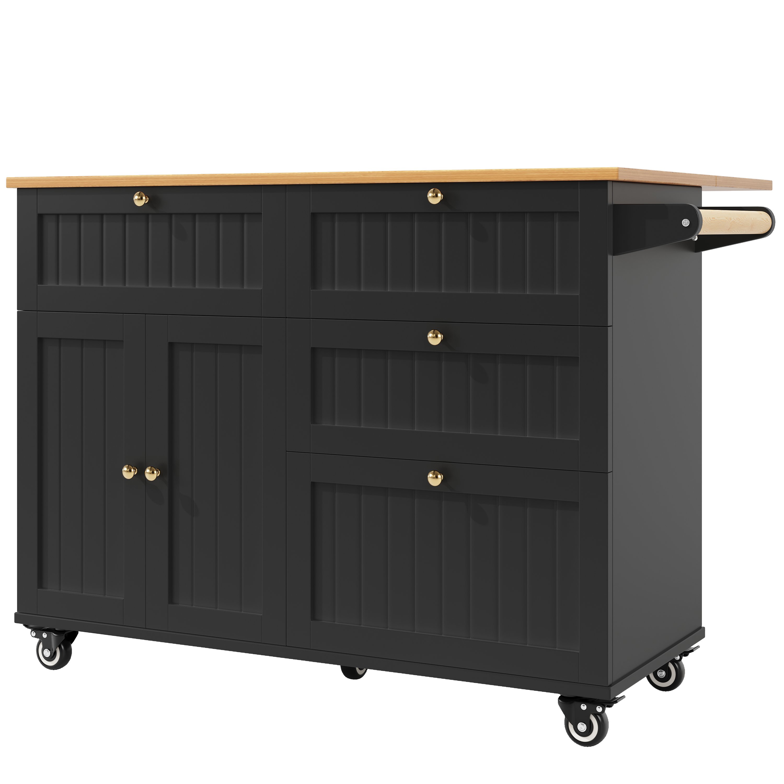 Îlot de cuisine 133x70x88 cm, noir, en Panneau composite de fibres de bois à densité, avec rangement, porte pliante, roulettes et pieds réglables, pour cuisine et salon