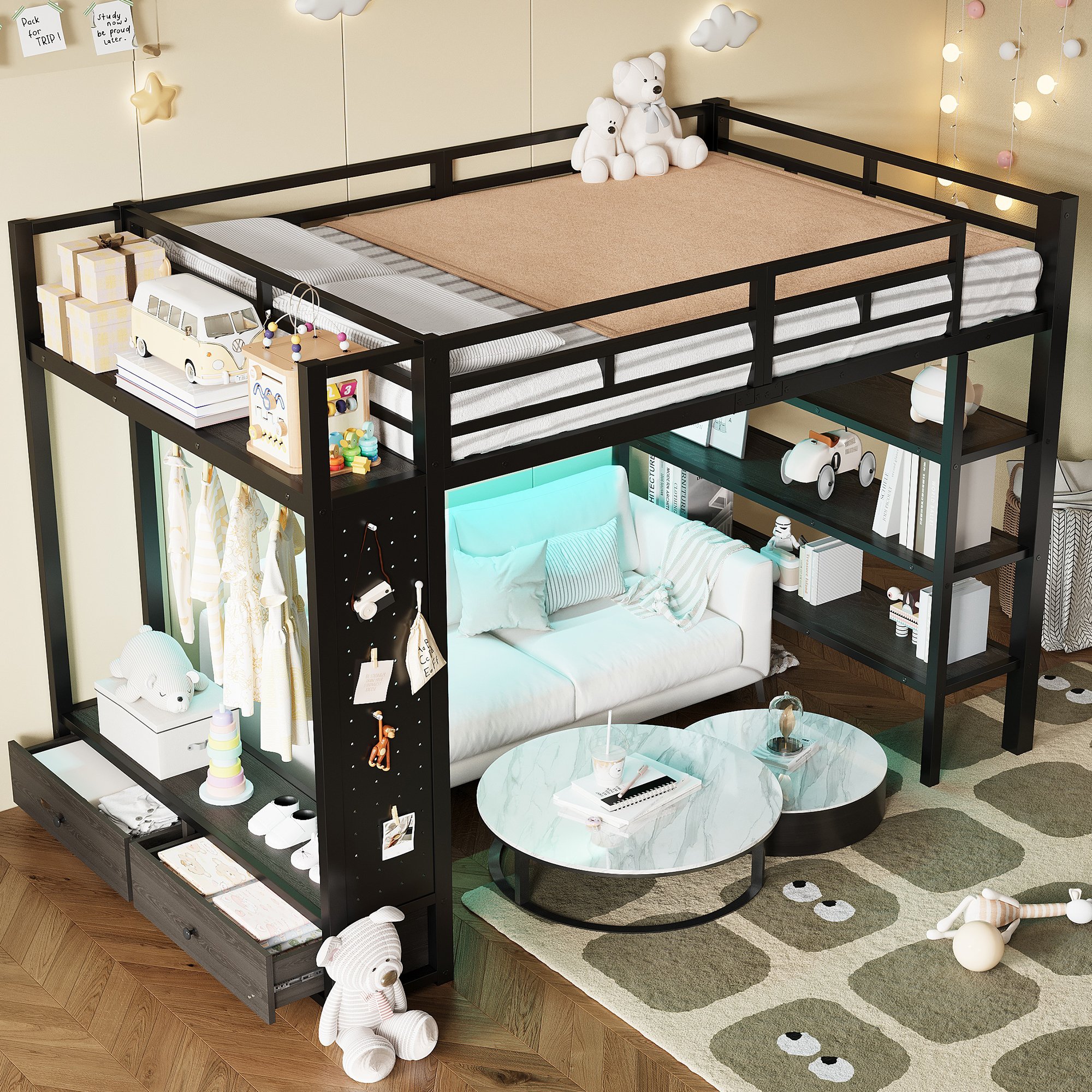 Lit mezzanine 140x200, 2 places, avec rangements, LED et échelle, métal noir
