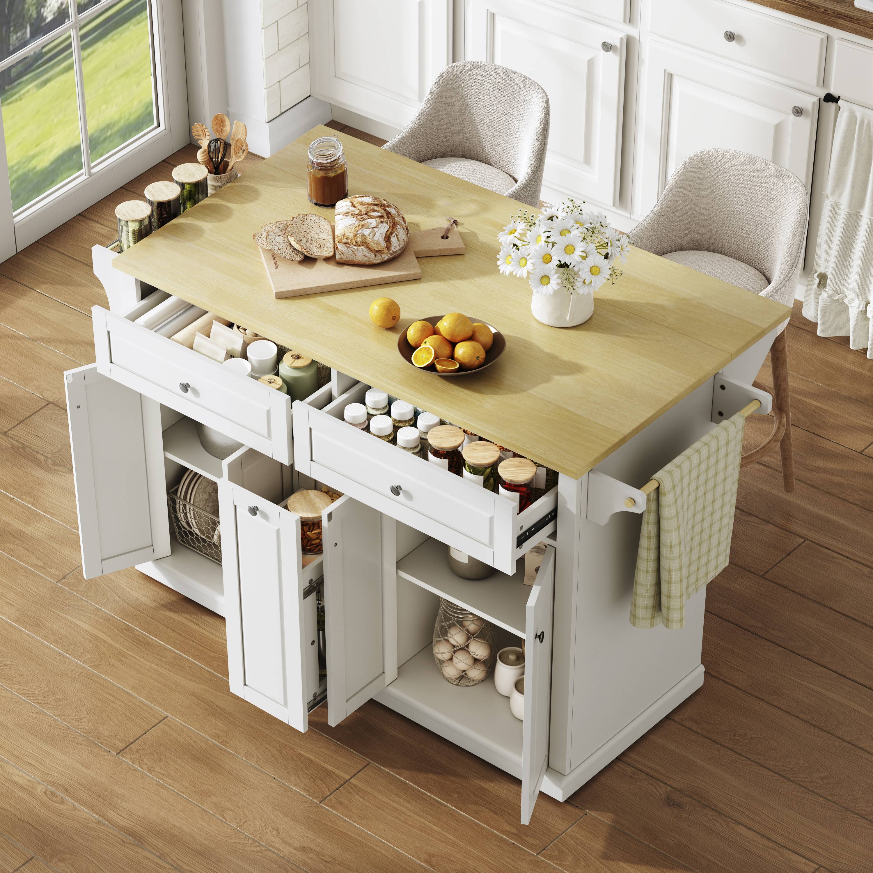 Îlot de cuisine sur roulettes avec plan de travail rabattable, rangement, tiroirs, étagère à épices, Panneau composite de fibres de bois à densité blanc, 121x69x89 cm