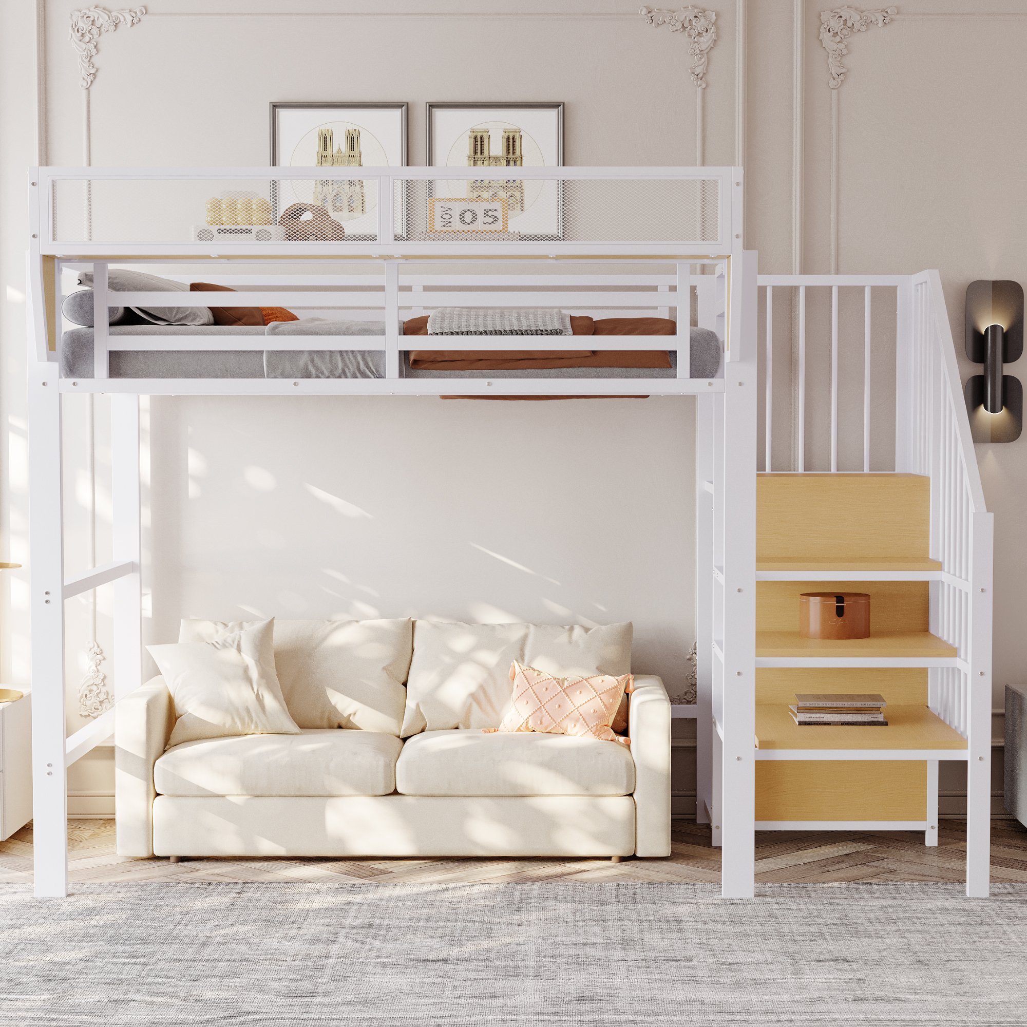 Lit mezzanine 90x200 en métal blanc avec échelle de sécurité et rangement flexible