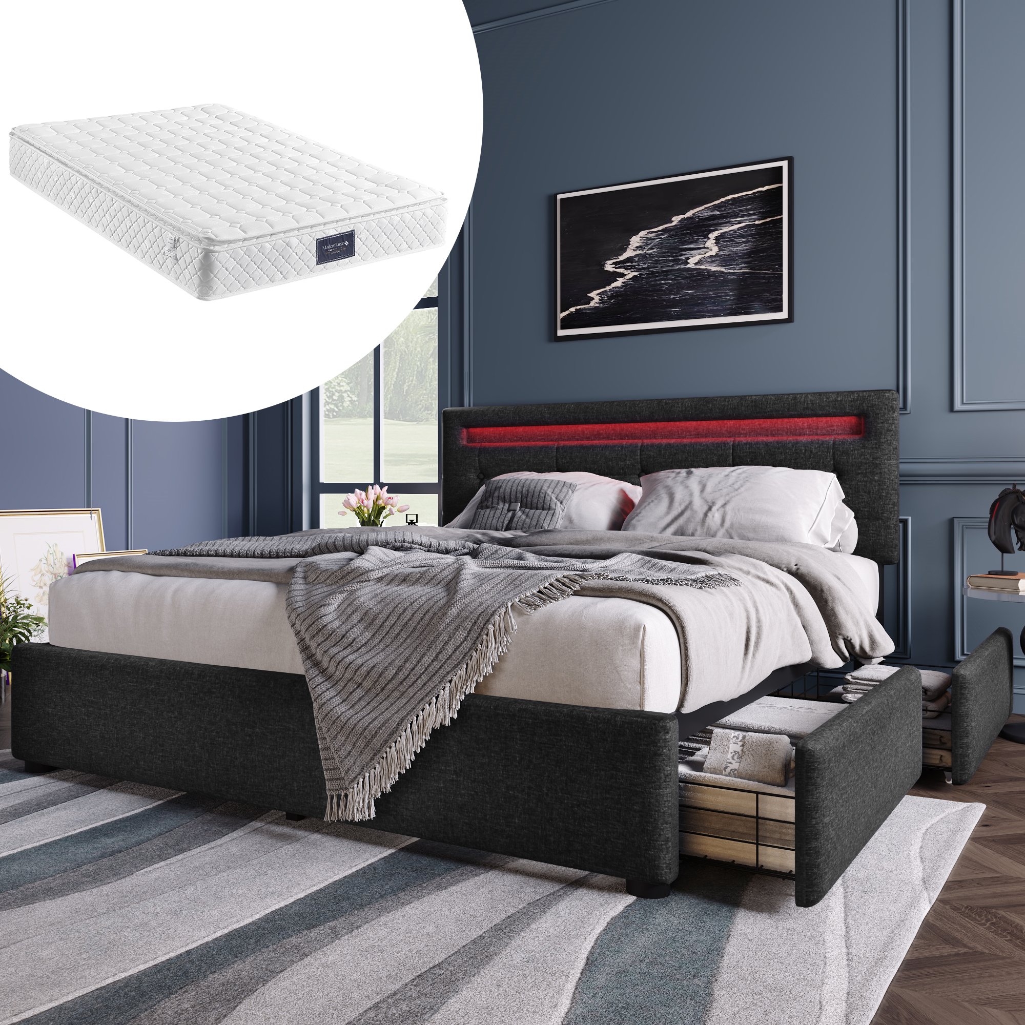 Lit double rembourré 140x200 avec LED, sommier à lattes et matelas inclus, noir, 4 tiroirs de rangement
