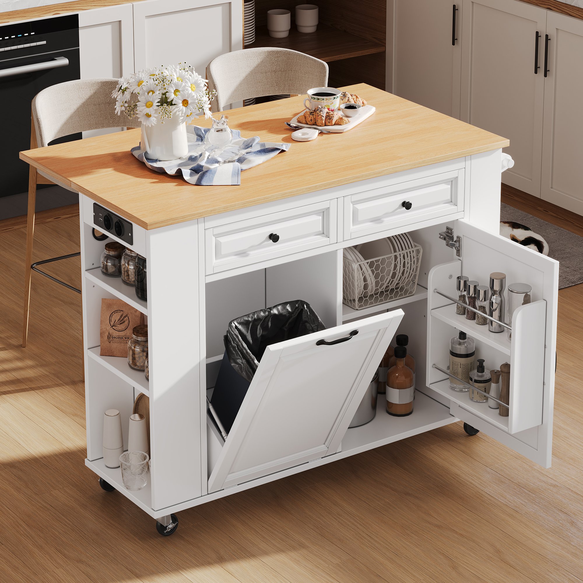 Îlot de cuisine blanc avec plan de travail extensible, rangement, poubelle, porte-serviettes, 5 roulettes, prises et USB