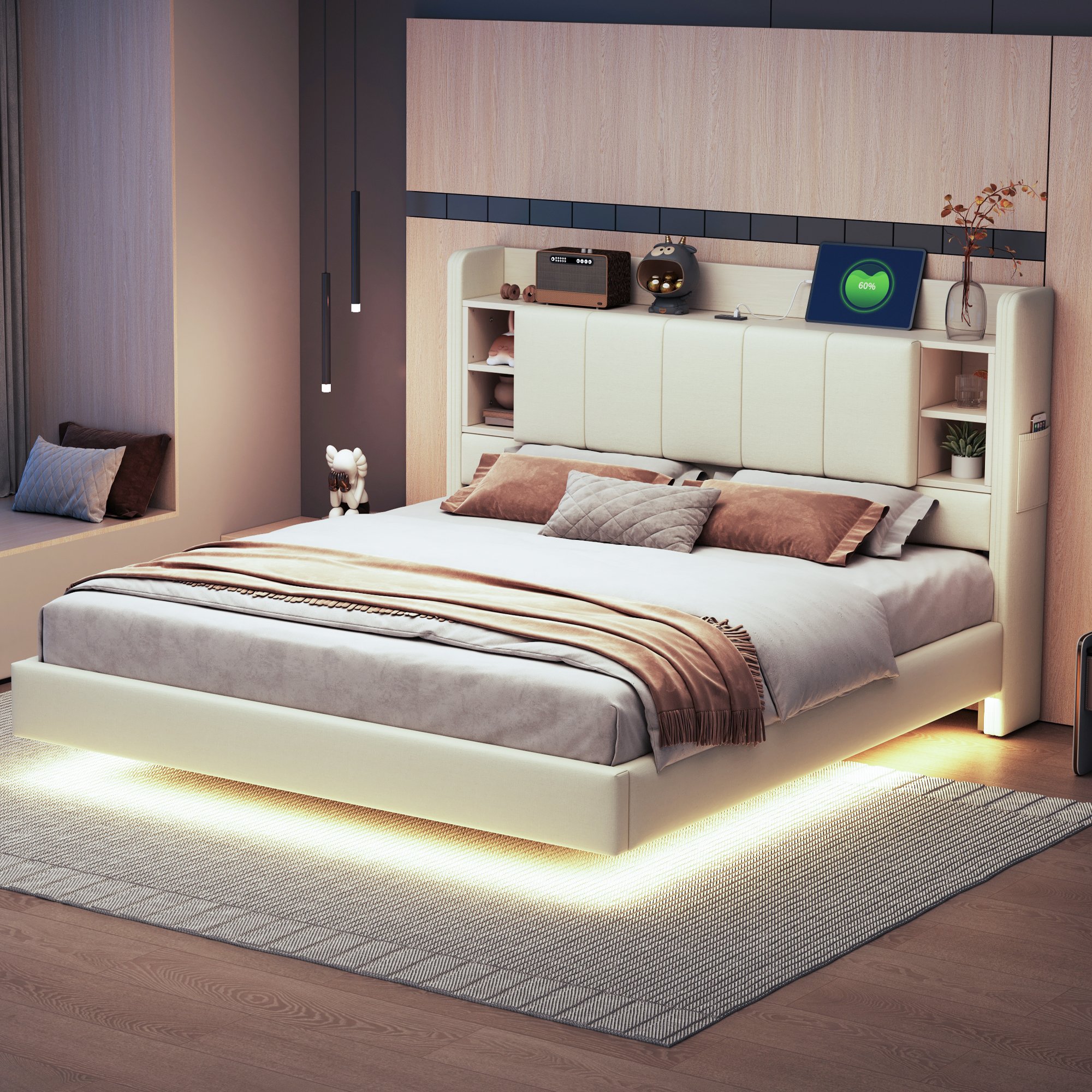 Lit coffre en lin beige, structure métallique, 160x200, avec LED et rangement
