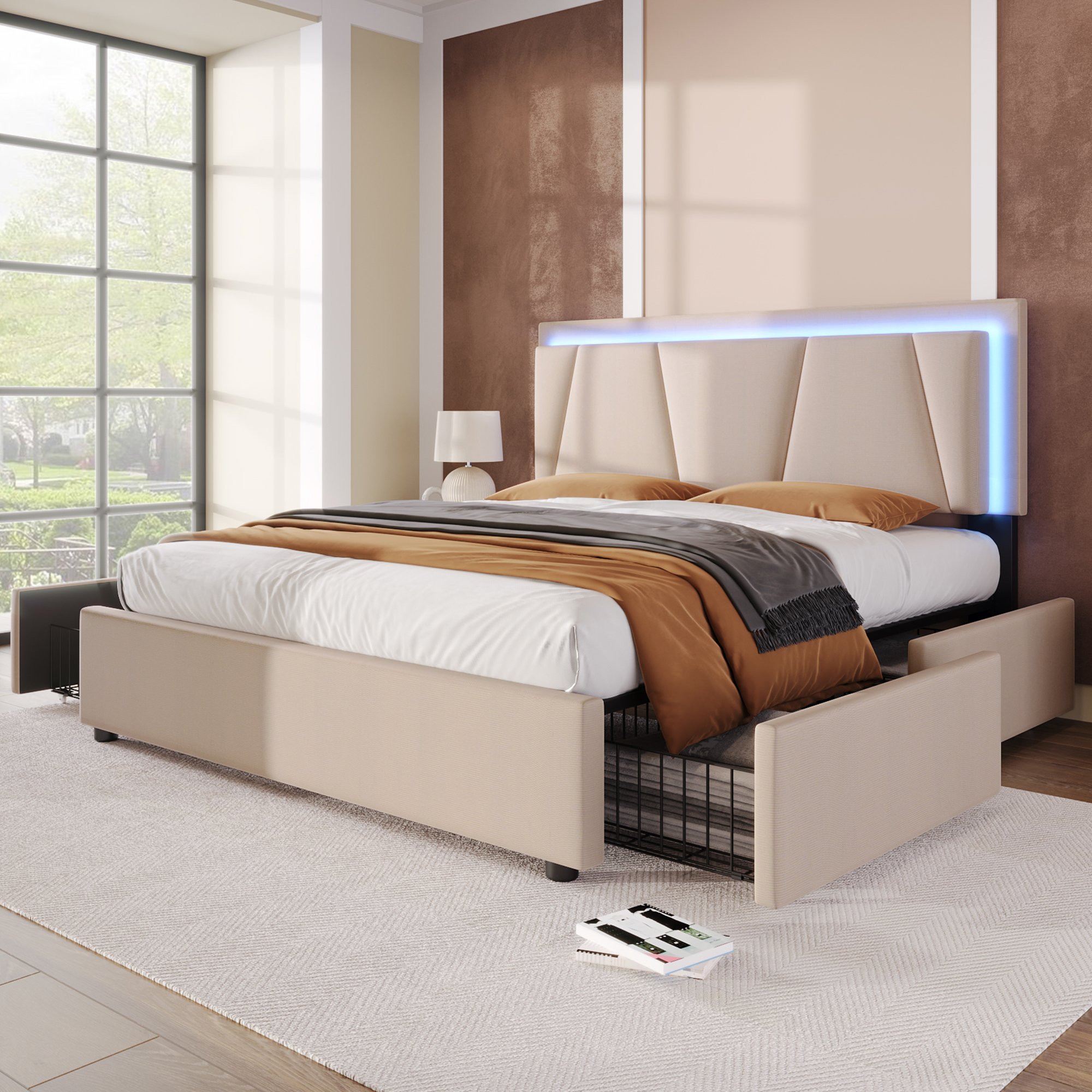 Cadre de lit métal structure robuste revêtement beige textile, sommier bois et matelas polyestermousse