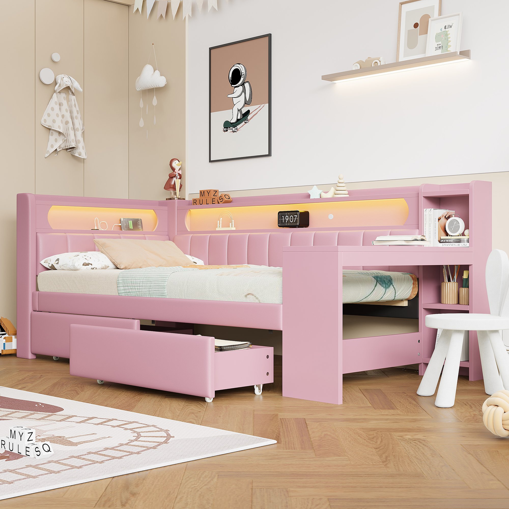 Lit coffre 90x200 avec bureau, tiroirs et LED, pour chambre d'enfant