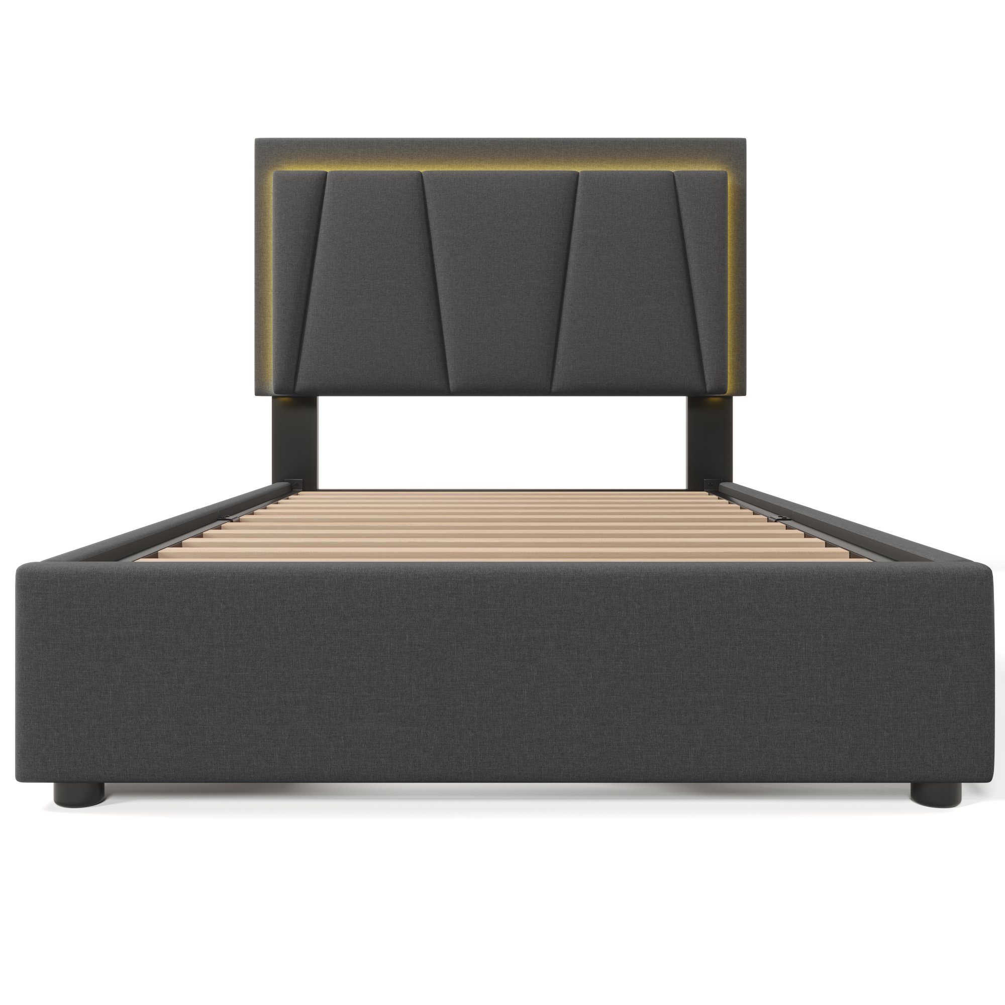 Lit LED 90x200 gris avec sommier à lattes, tête de lit réglable et tiroirs de rangement, cadre de lit rembourré moderne