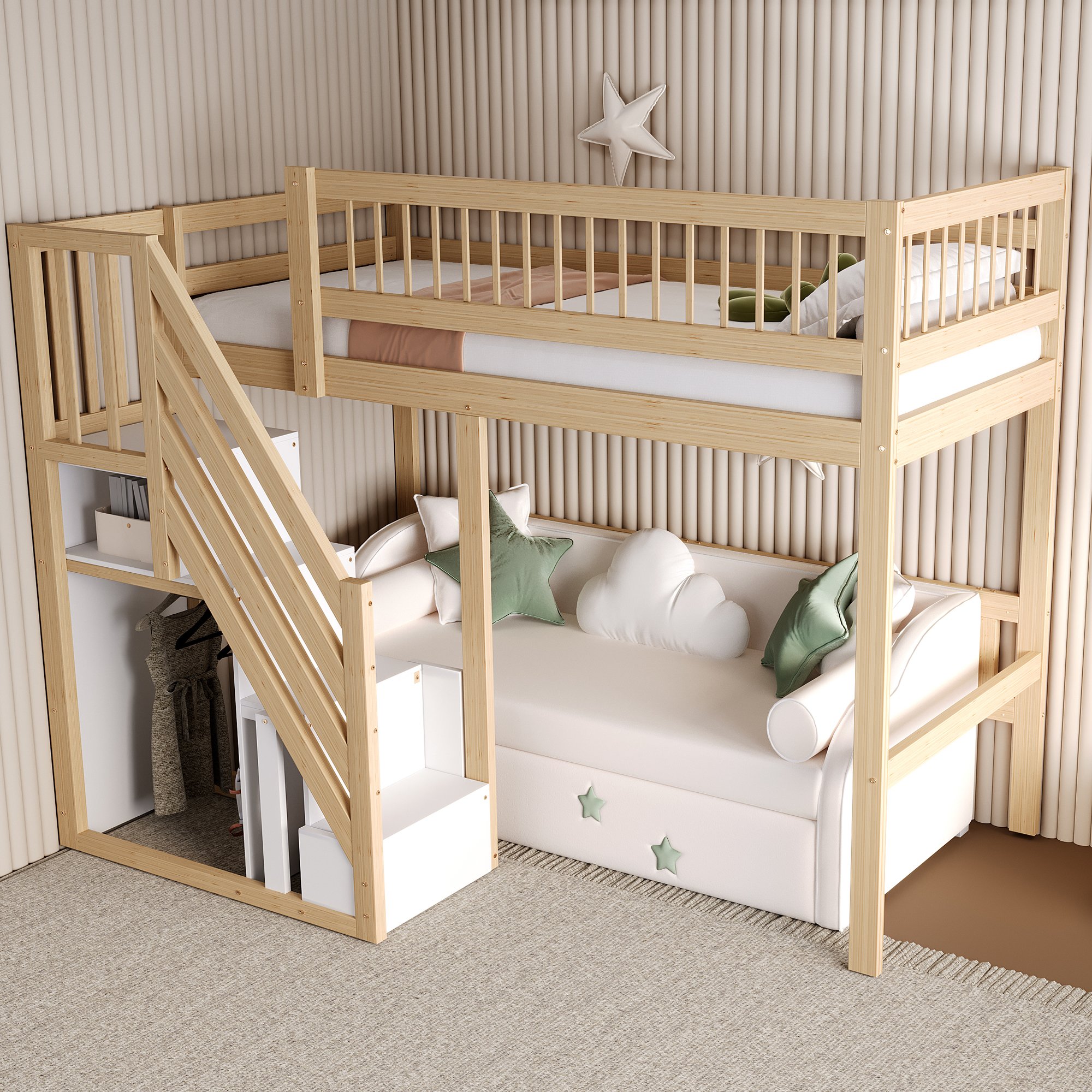 Lit enfant 90x200 avec rangement intégré et barrière de sécurité, bois massif