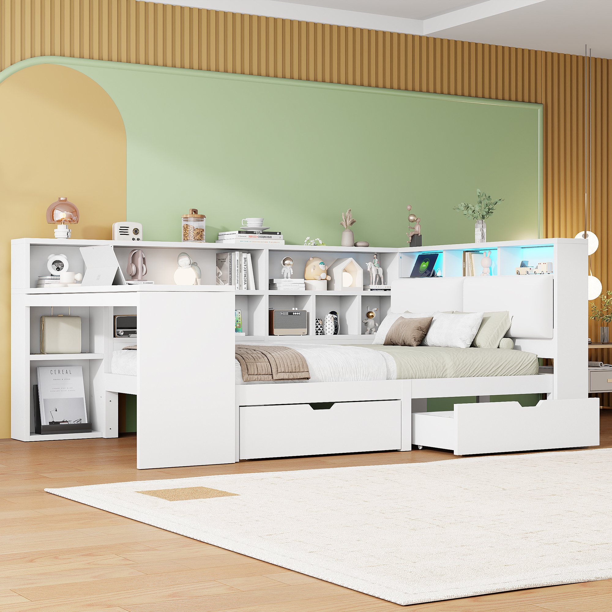 Lit mezzanine 140x200 en Panneau composite de fibres de bois à densité et contreplaqué avec tête de lit rembourrée et rangements