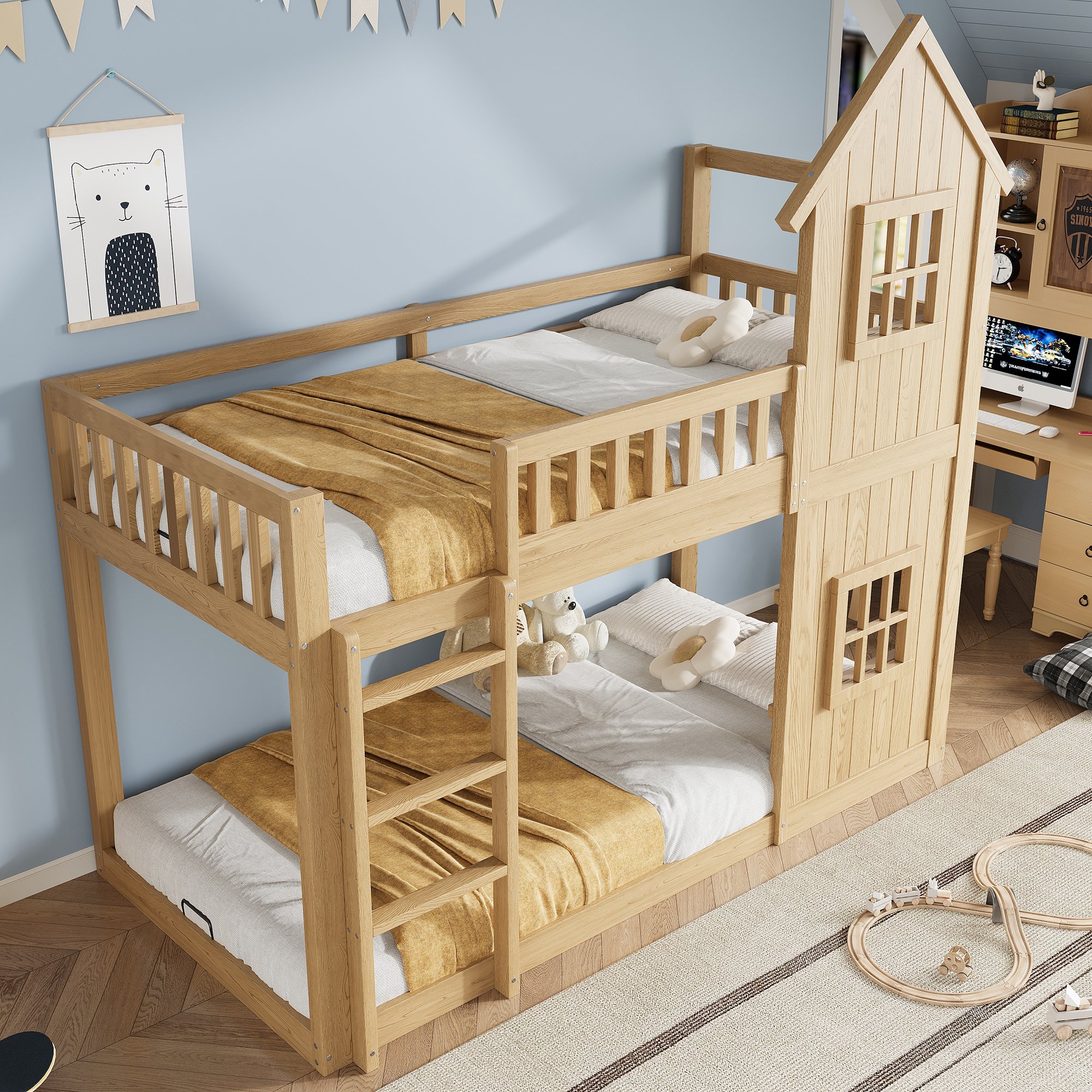 Lit superposé enfant 90x200 en pin naturel avec escalier et fenêtres