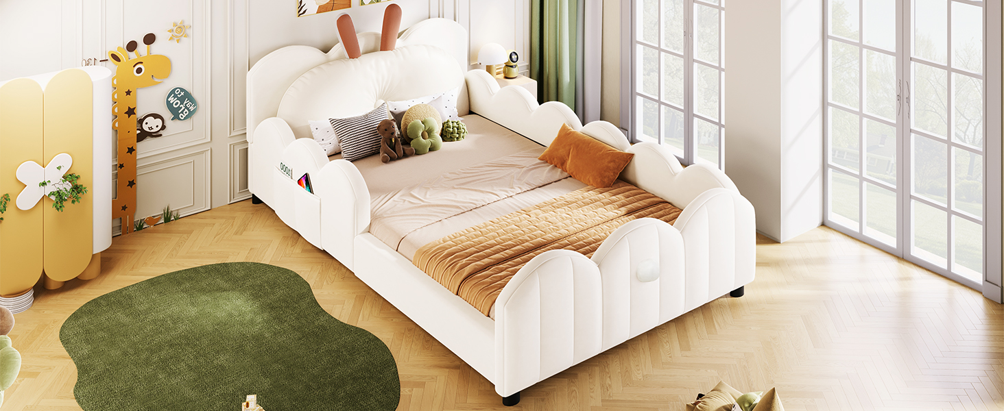 Lit plateforme rembourré avec barrières de sécurité et tête de lit lapin, 90x200 beige