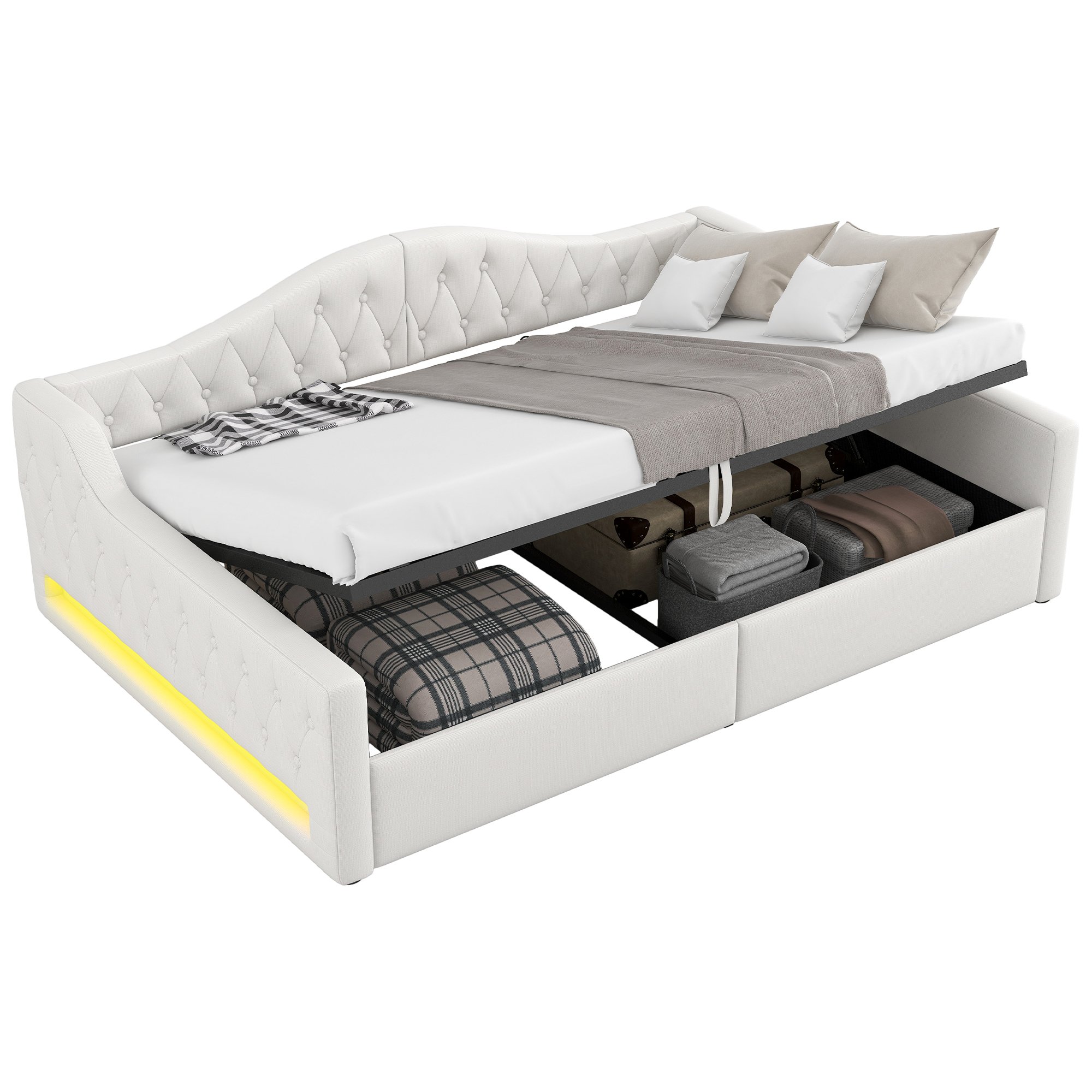 Lit coffre double 140x200 cm avec rangement, LED, sommier à lattes, beige, rembourré