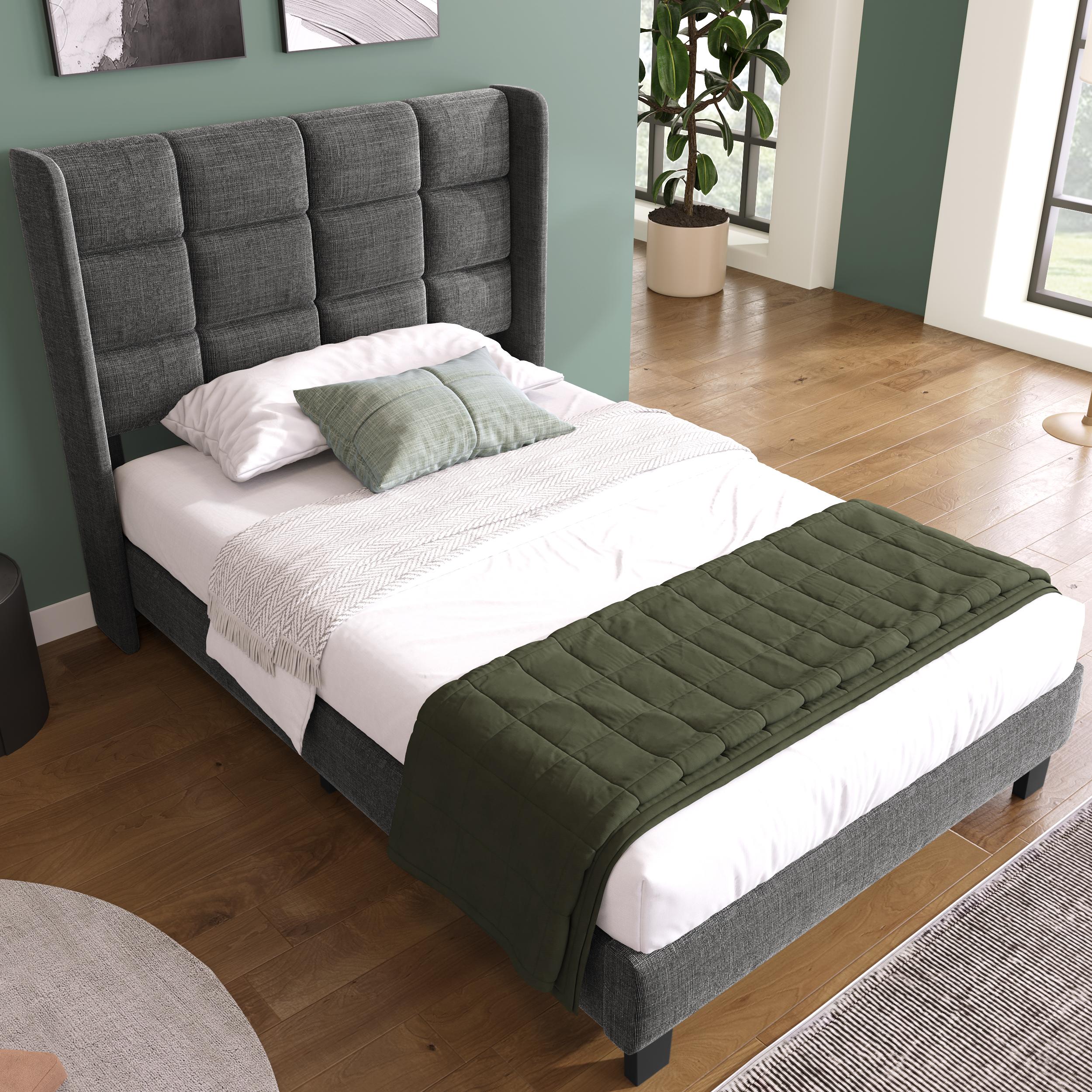Lit simple rembourré 90x200 tissu lin gris avec structure acier renforcée et pieds noirs design