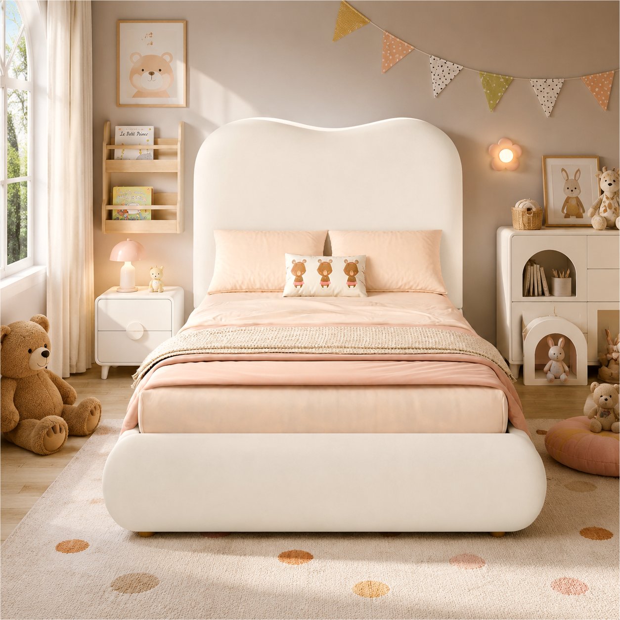 Lit coffre 90x200 beige en velours avec rangement caché, idéal pour chambre d'enfant, sécurité renforcée et confort optimal
