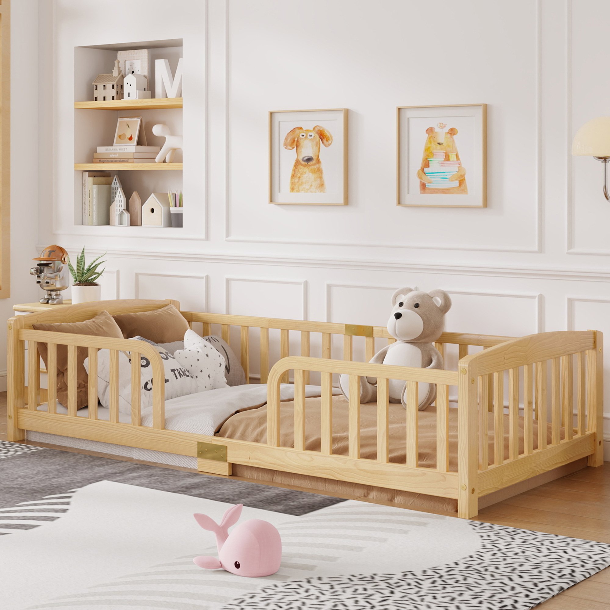 Lit enfant 90x200 avec barrières de sécurité, accès central et design au sol pour transition en douceur