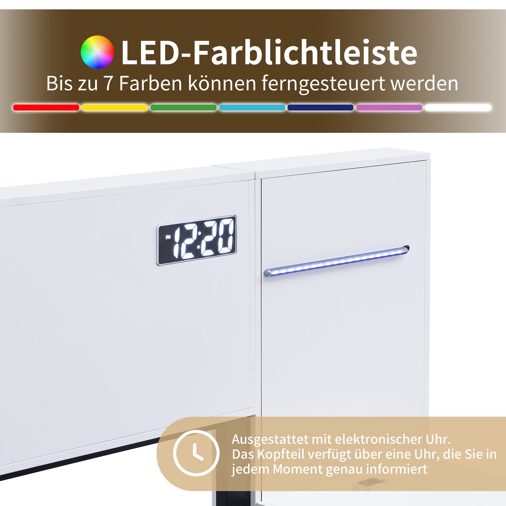 Lit double 180x200 LED avec USB et Bluetooth, cadre blanc Panneau composite de fibres de bois à densité, sommier lattes, tables de chevet, sans tiroirs ni matelas
