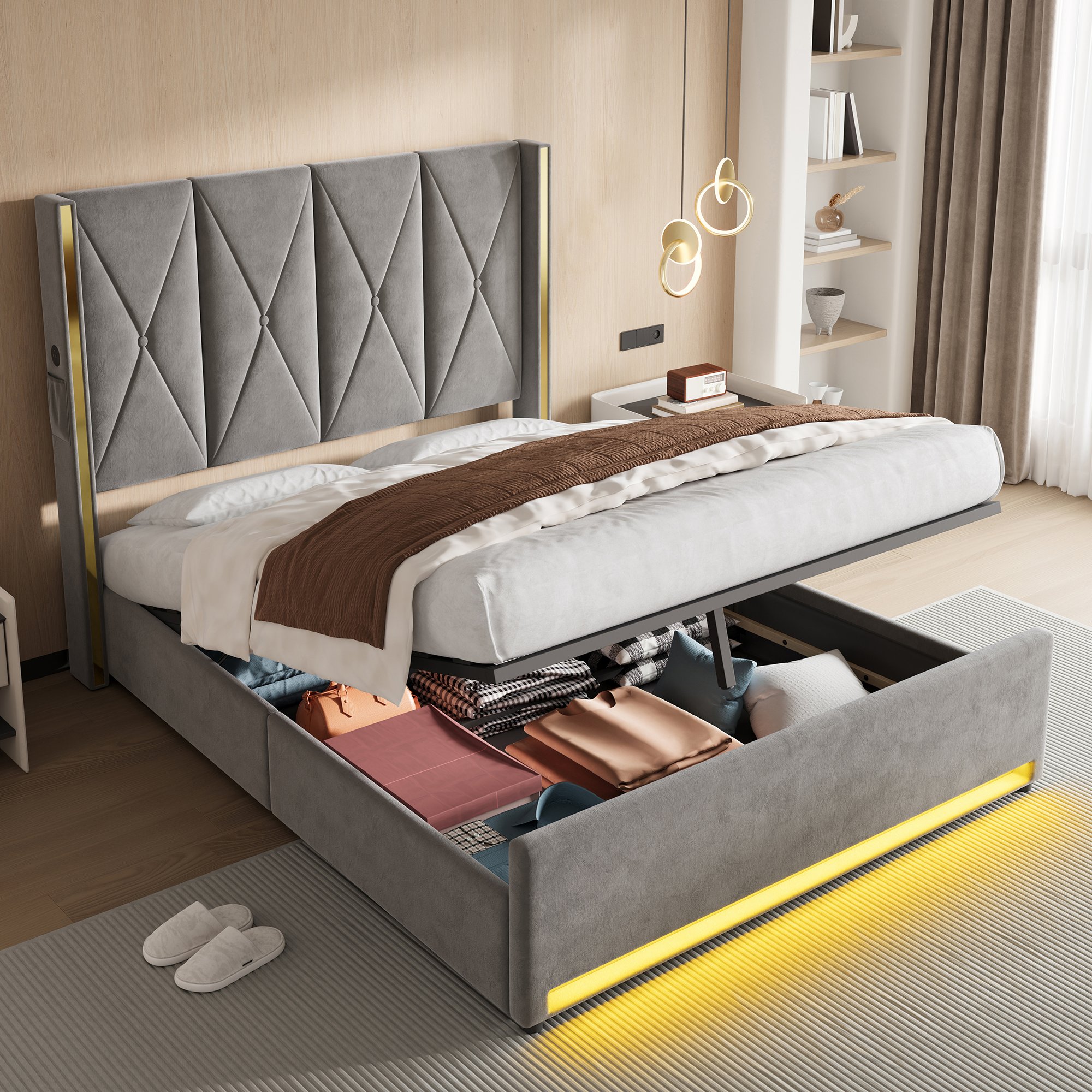 Lit coffre 160x200 en velours gris avec rangement hydraulique, LED, USB et tête de lit rembourrée