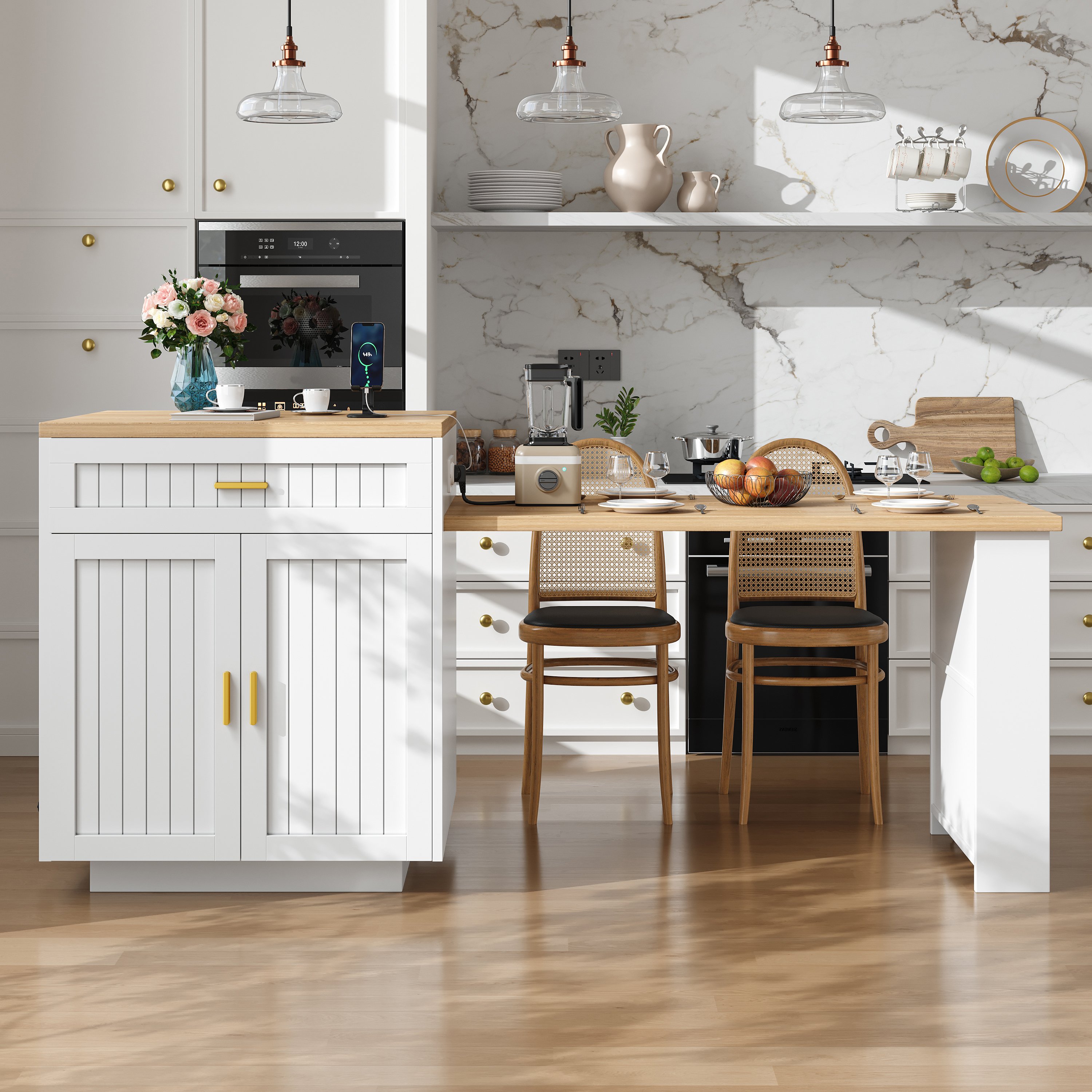 Îlot de cuisine avec table intégrée, extensible, blanc, prise intégrée, rangement, portes cannelées, 121,5-192 cm