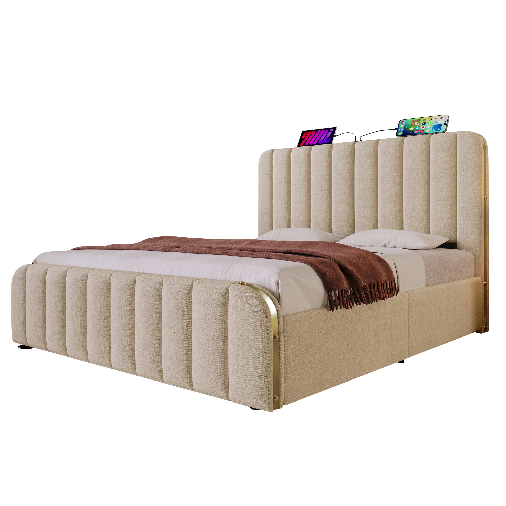 Lit coffre beige en tissu lin capitonné avec structure métallique dorée, rivets décoratifs et mécanisme de levage