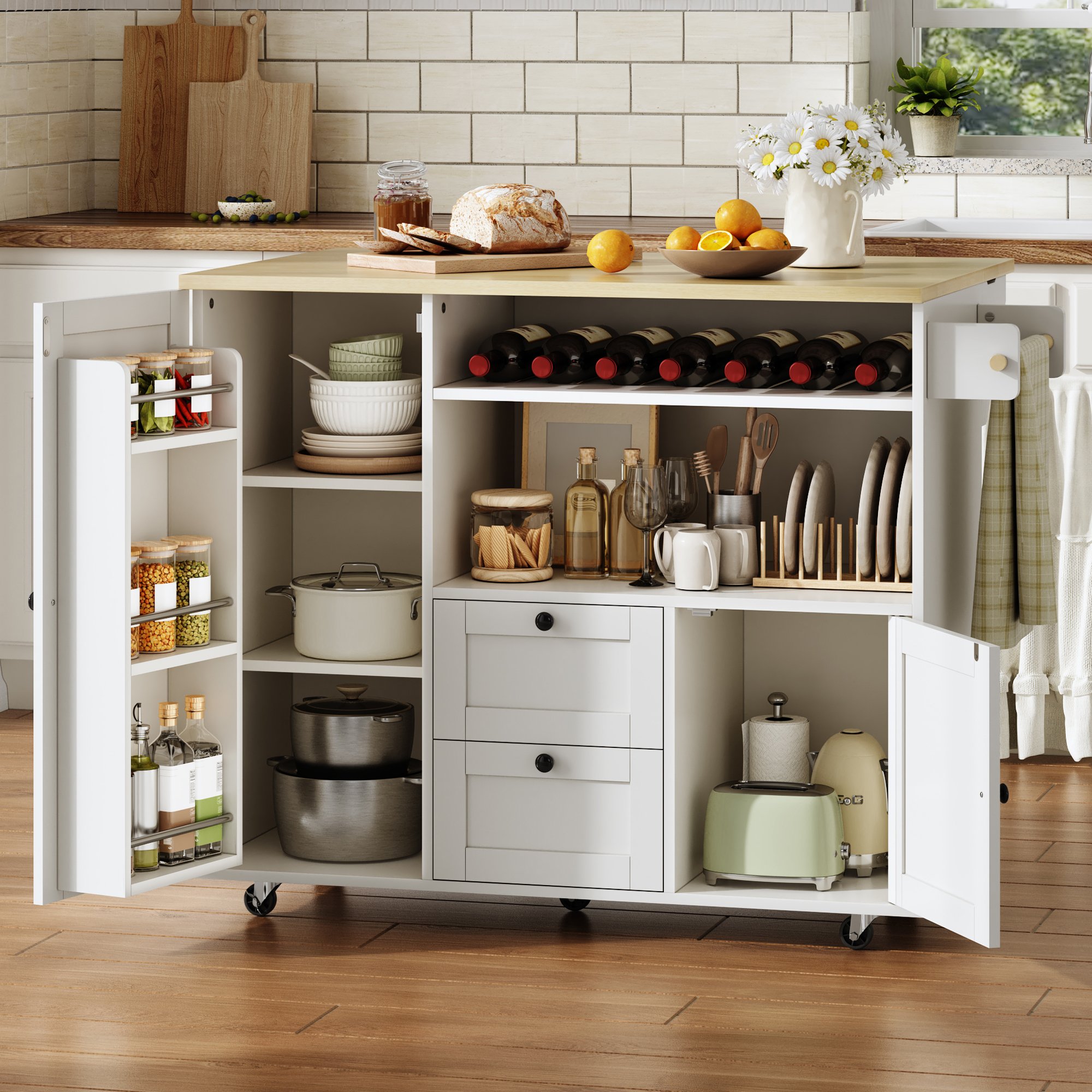 Petit îlot de cuisine blanc sur roulettes avec plan de travail rabattable, rangement, tiroirs, cave à vin et porte-serviettes