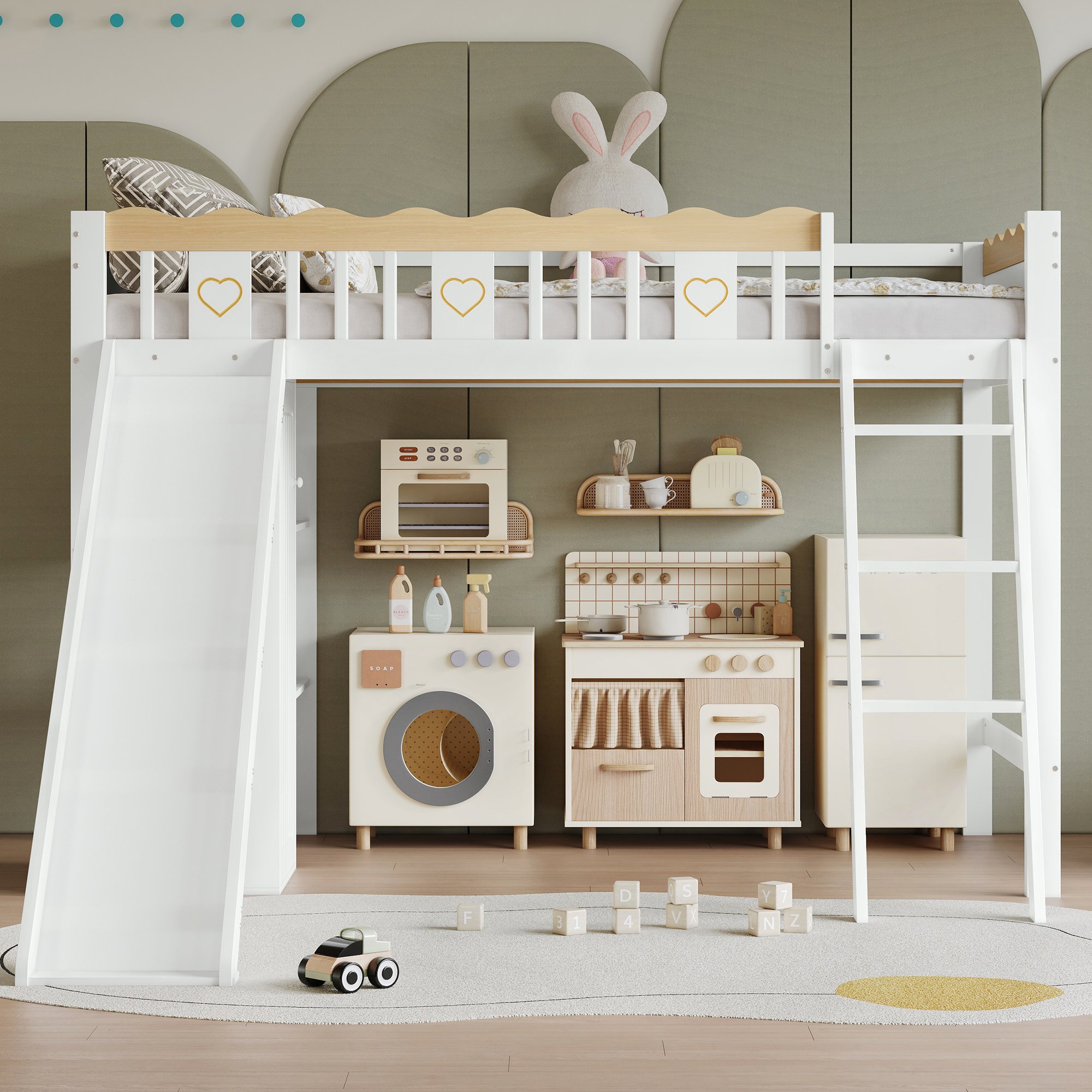 Lit mezzanine enfant 90x200 avec toboggan, rangements et barrière de sécurité, blanc et naturel