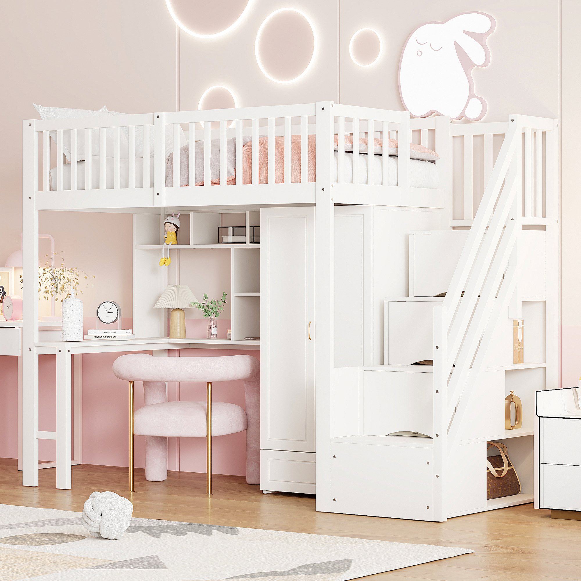 Lit mezzanine 90x200 avec placard, bureau et étagère, escalier avec tiroirs, blanc