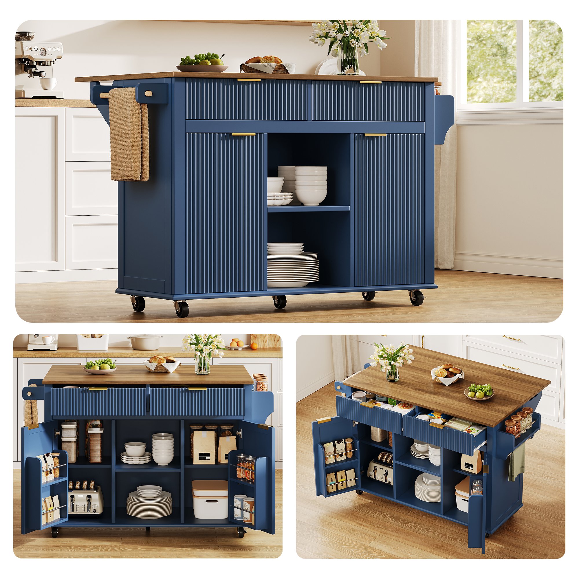 Îlot de cuisine sur roulettes 120x45 cm avec plan rabattable, 2 tiroirs, 2 portes, étagères à épices et porte-serviettes, bleu et marron