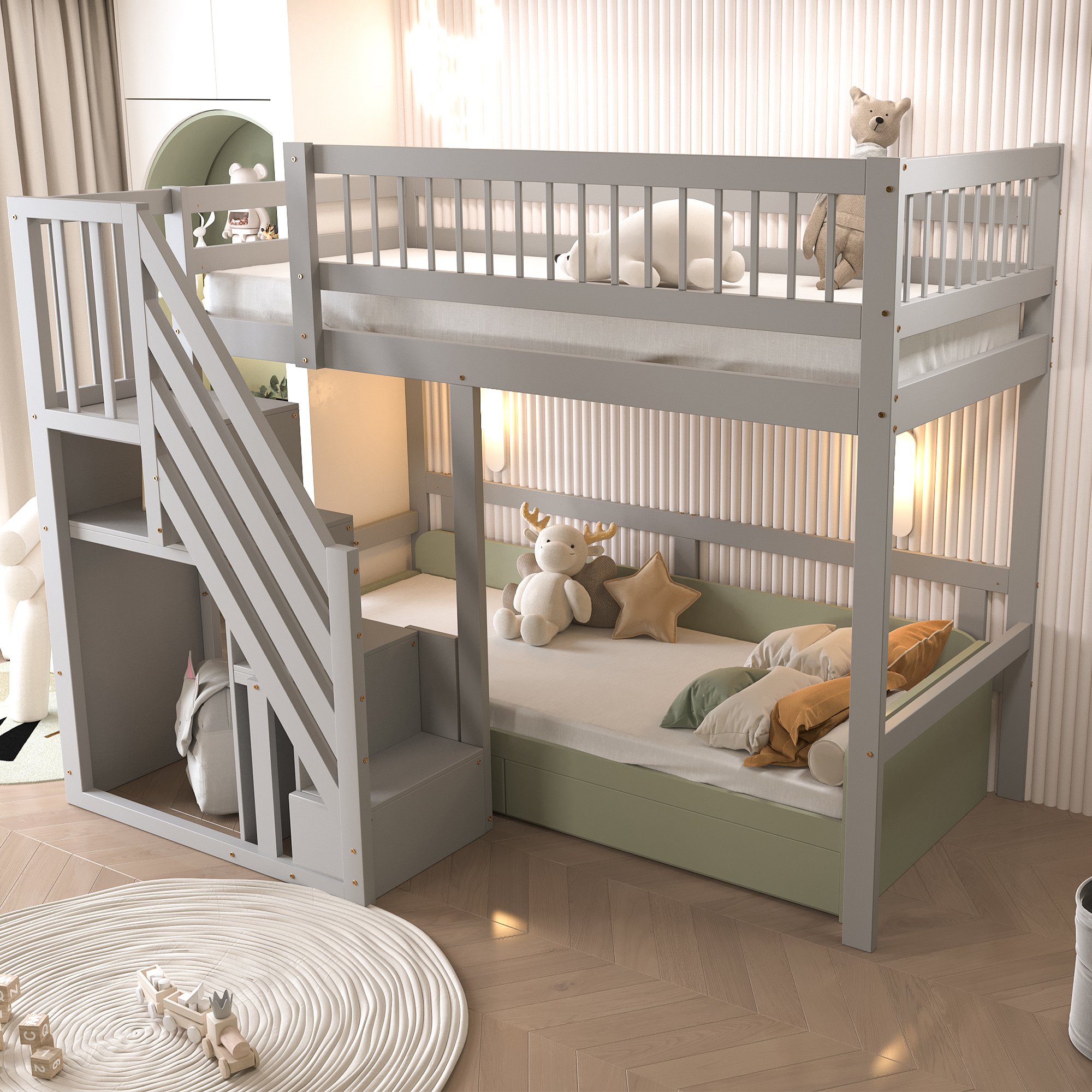 Lit enfant 90x200 en bois massif gris avec échelle et rangement