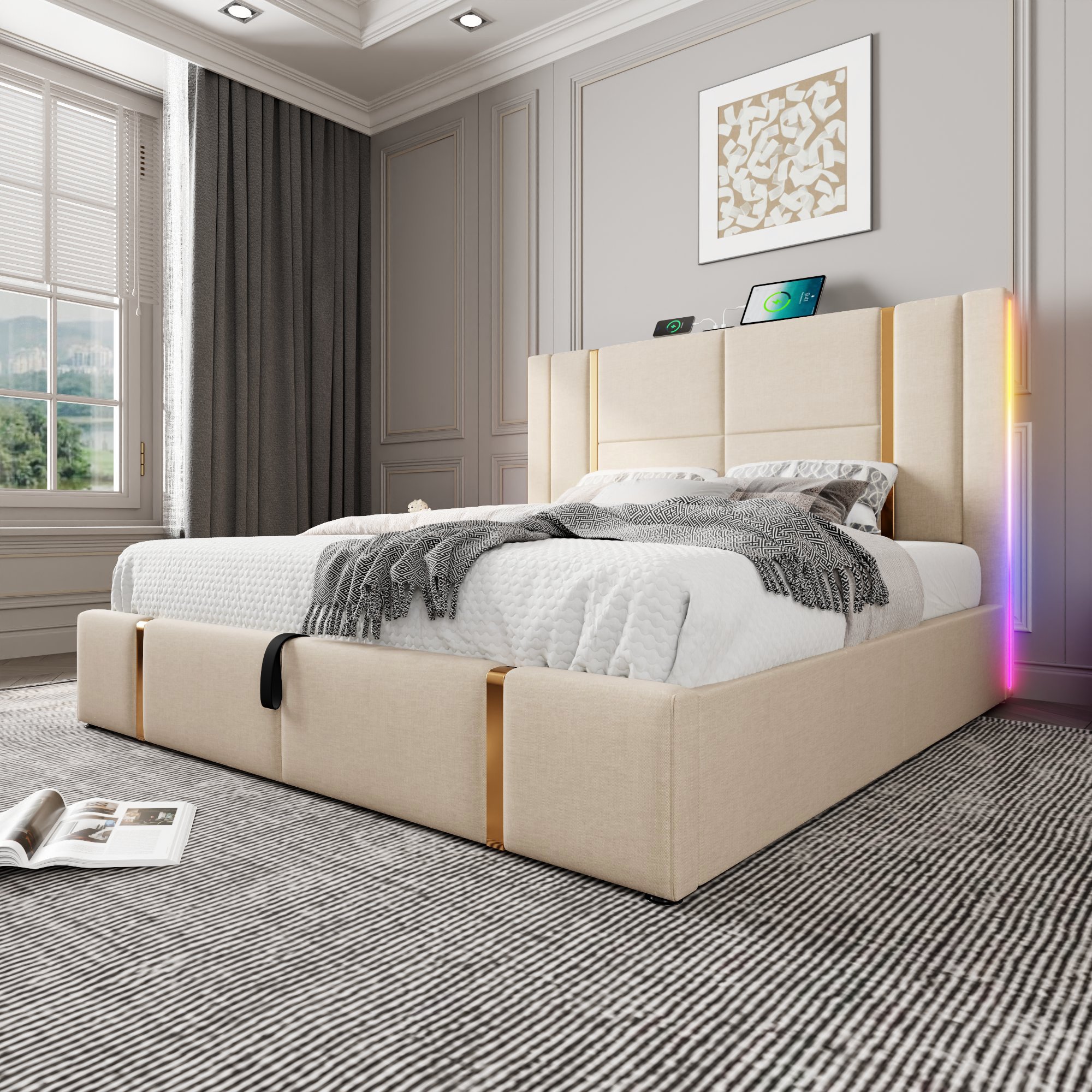 Lit LED 160x200 avec matelas, lit coffre beige en lin avec sommier à lattes, LED RGB et chargeur USB Type-C
