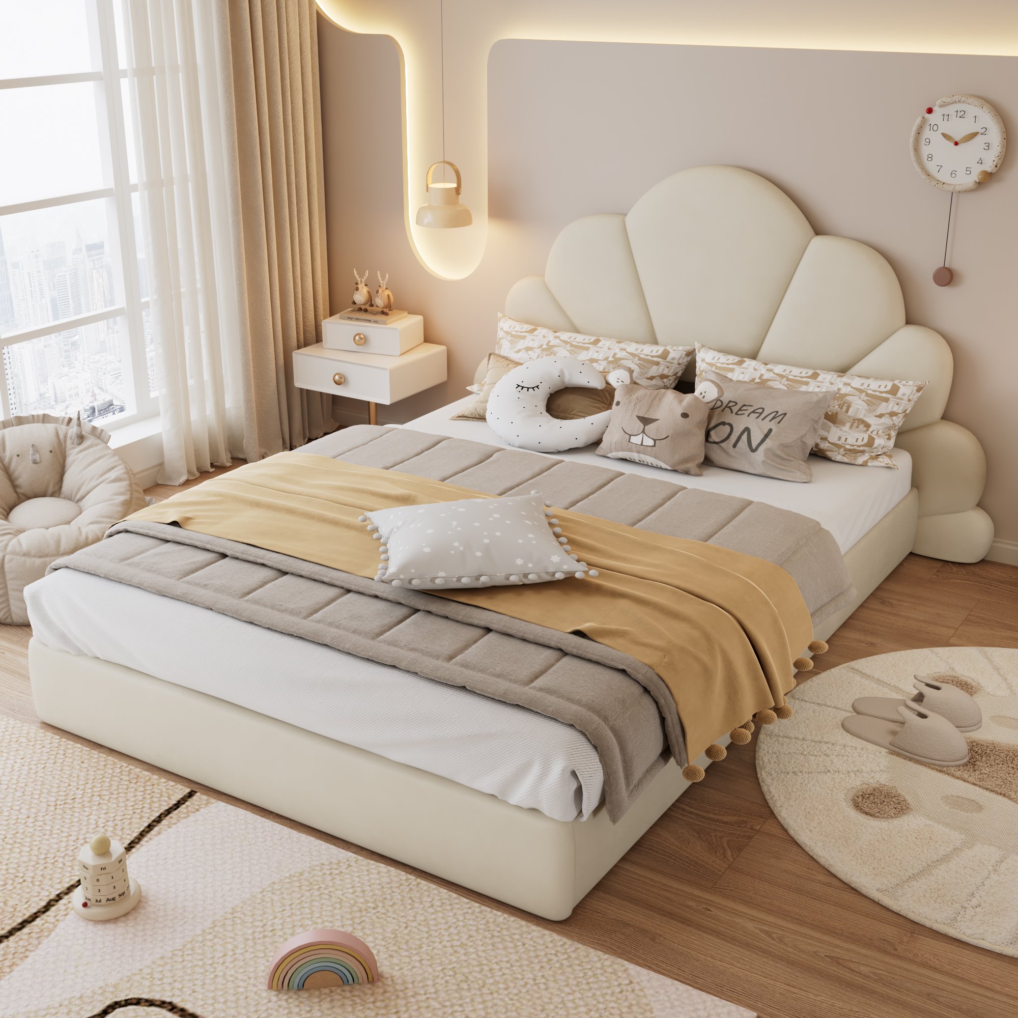 Lit rembourré 140x200 en velours beige avec tête de lit fleurie et sommier à lattes