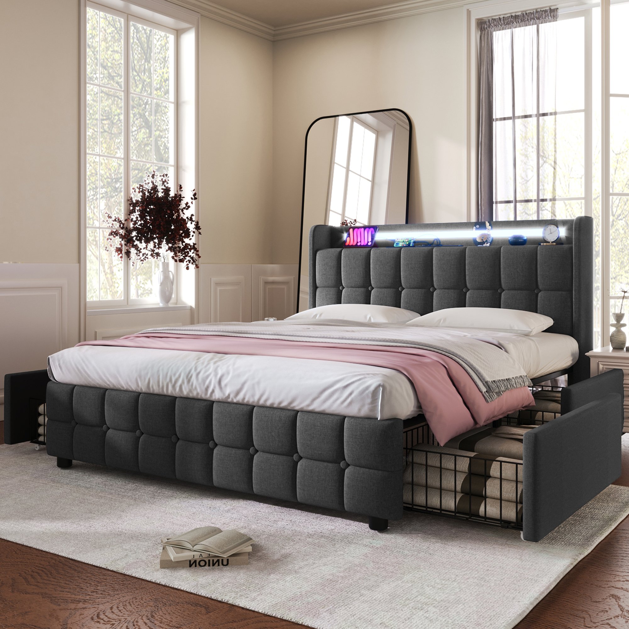 Lit coffre capitonné 140x200 avec matelas ressorts ensachés, LED, USB, 4 tiroirs