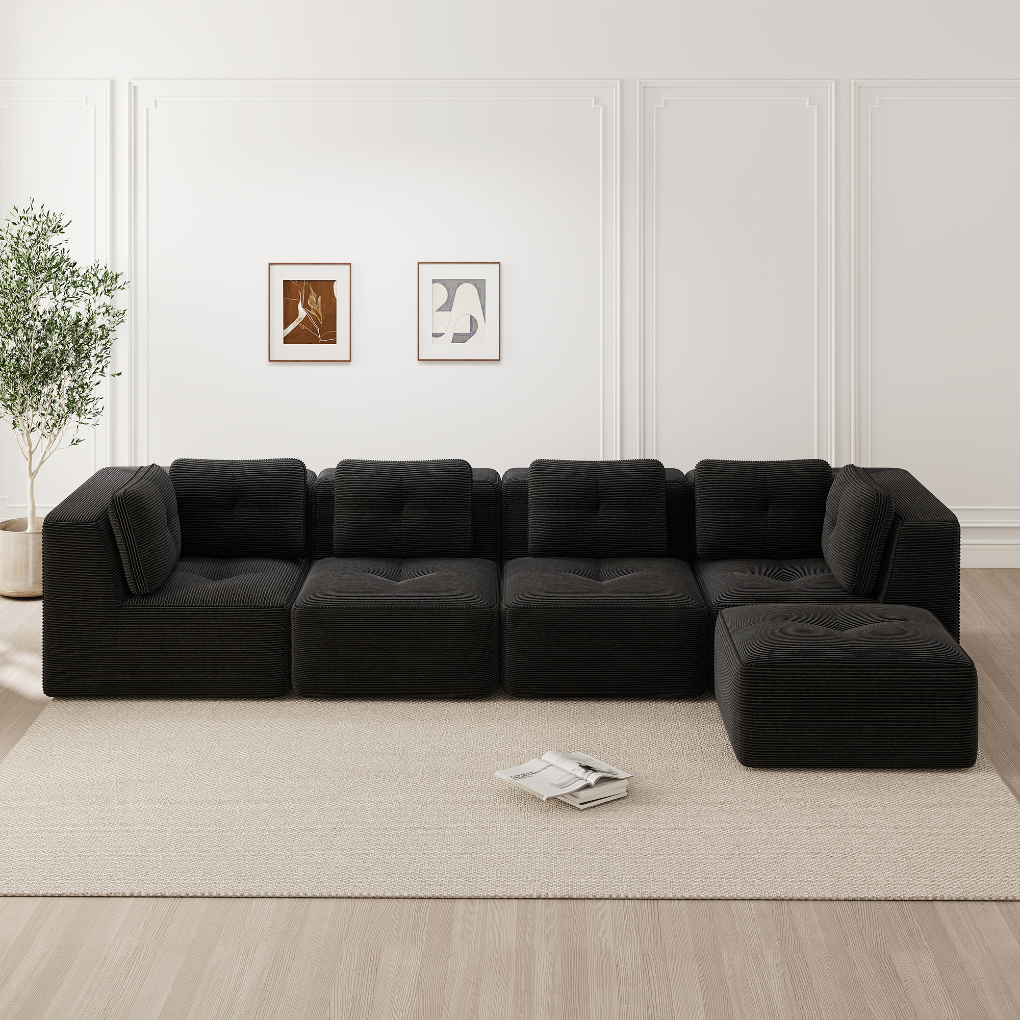 Canapé Modulable 4 Places Noir Tissu Côtelé Respirant Structure Sans Cadre Rigide Pieds Antidérapants Confort Salon Moderne