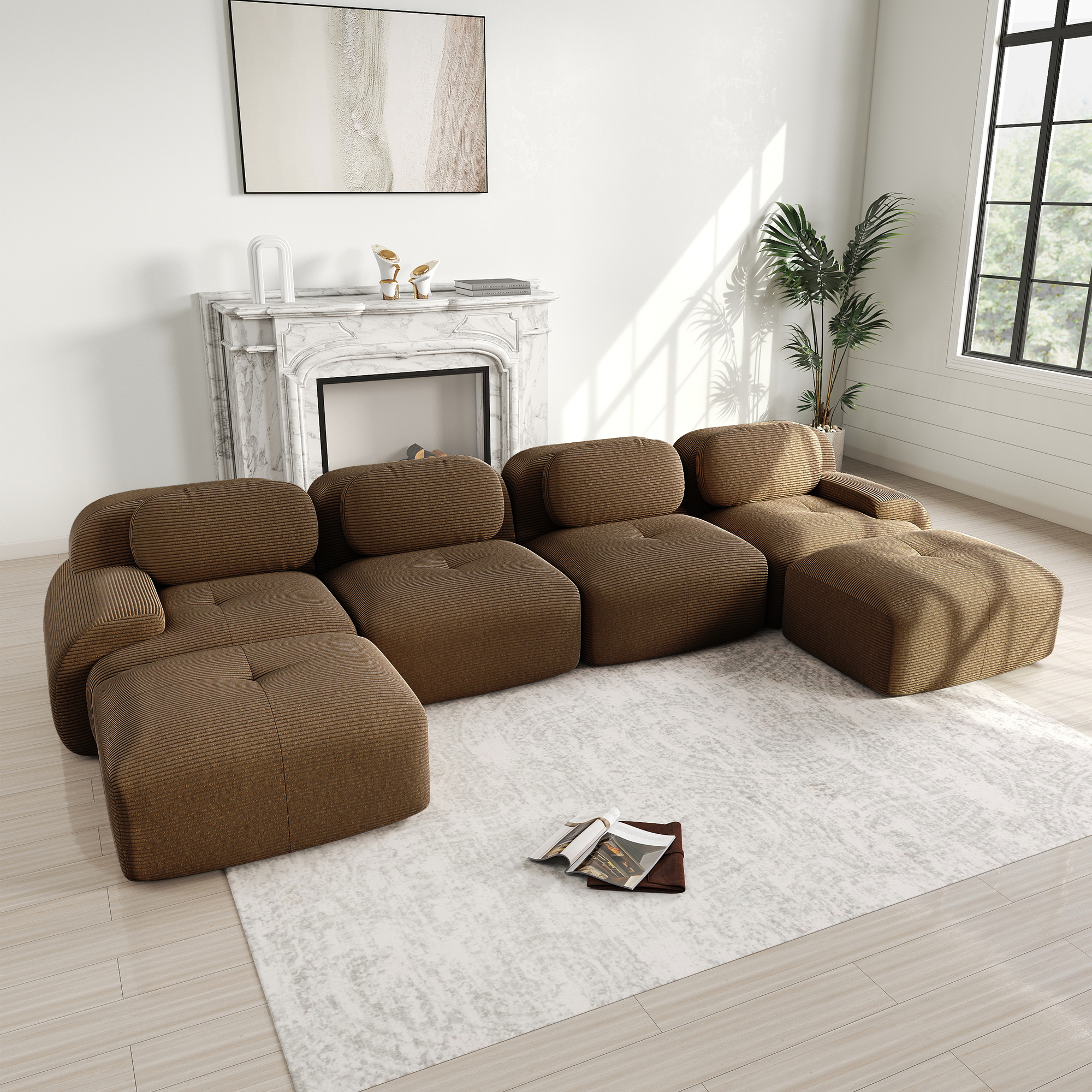 Canapé d'angle modulable sans montage en velours côtelé marron, ergonomique et haustierfreundlich
