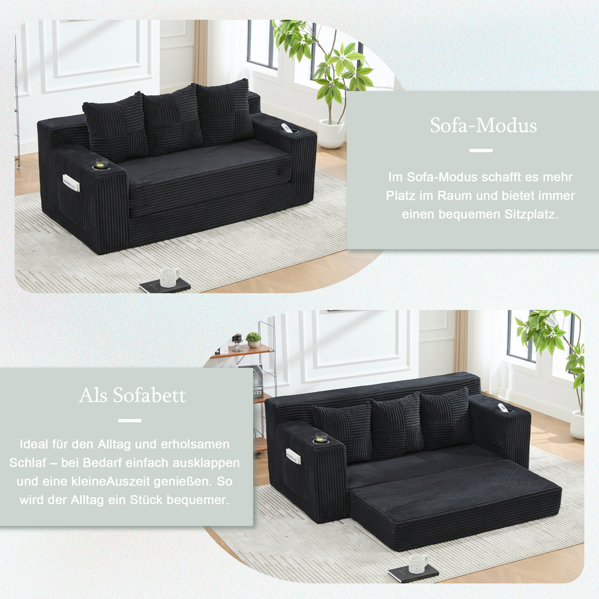 Canapé Modulable Noir 172x87x64 cm, Hauteur d'Assise 40 cm, Capacité 150 kg, Structure Modulaire sans Accoudoirs pour Studio