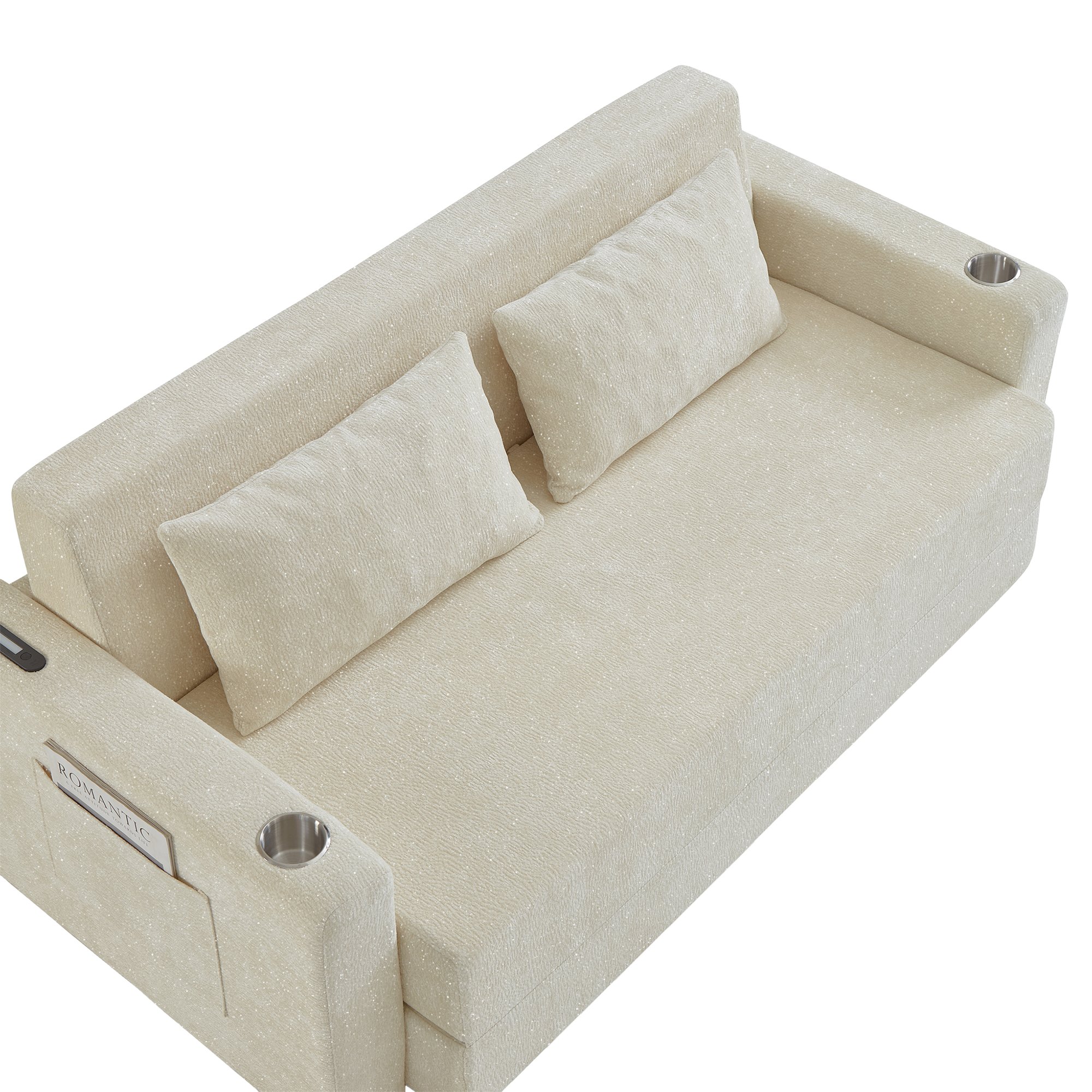 Canapé-lit 2 places rembourré mousse haute densité, revêtement chenille brillant beige, structure renforcée avec coussins inclus
