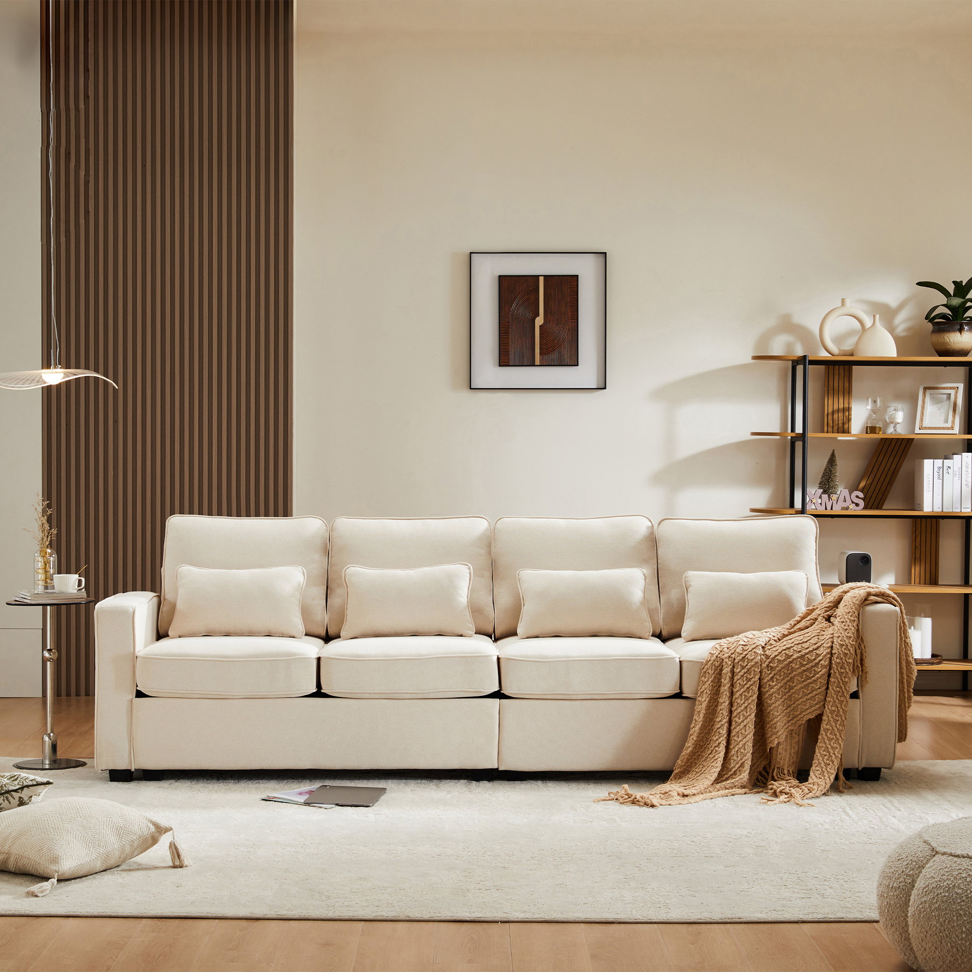Canapé Droit 4 Places avec Pochettes de Rangement Accoudoirs et Coussins Lombaires Inclus pour Confort Dorsal Optimisé