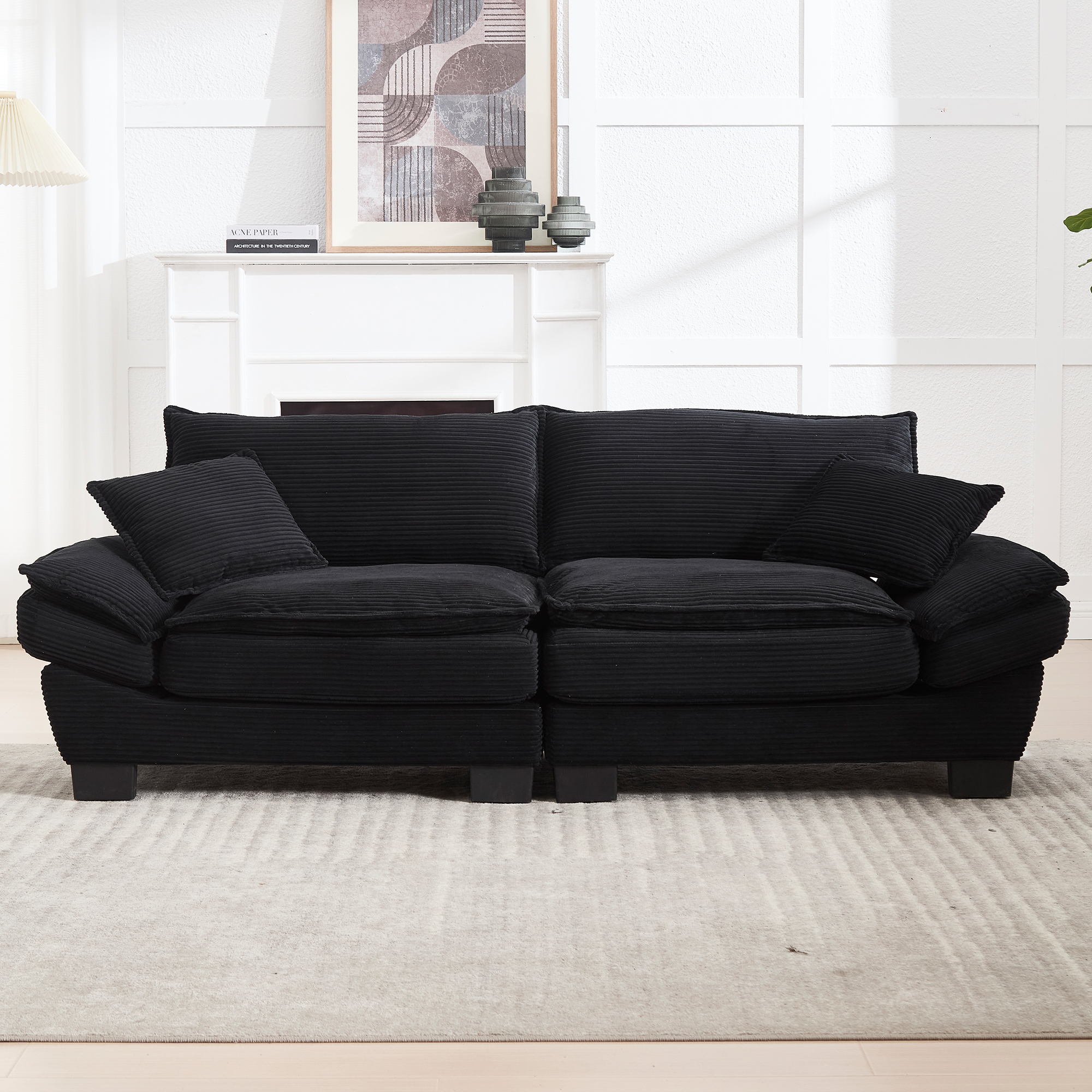 Canapé 2 places en velours noir 224x81x81 cm avec coussins inclus et accoudoirs rembourrés
