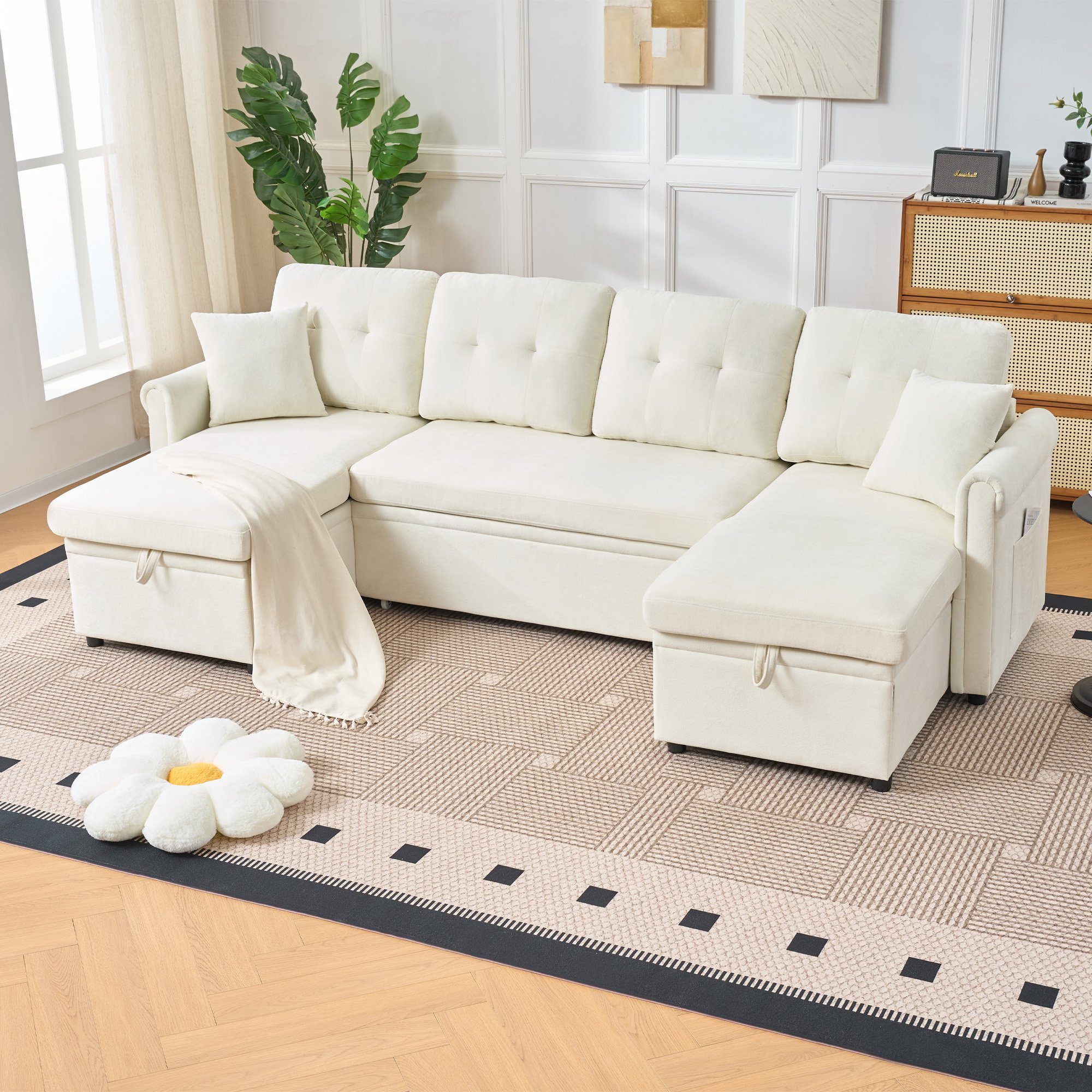 Canapé d'angle convertible en chenille beige, structure en U avec coffre de rangement intégré, assise profonde 109cm, idéal salon ou chambre d'amis, dimensions totales 206x130x85cm.