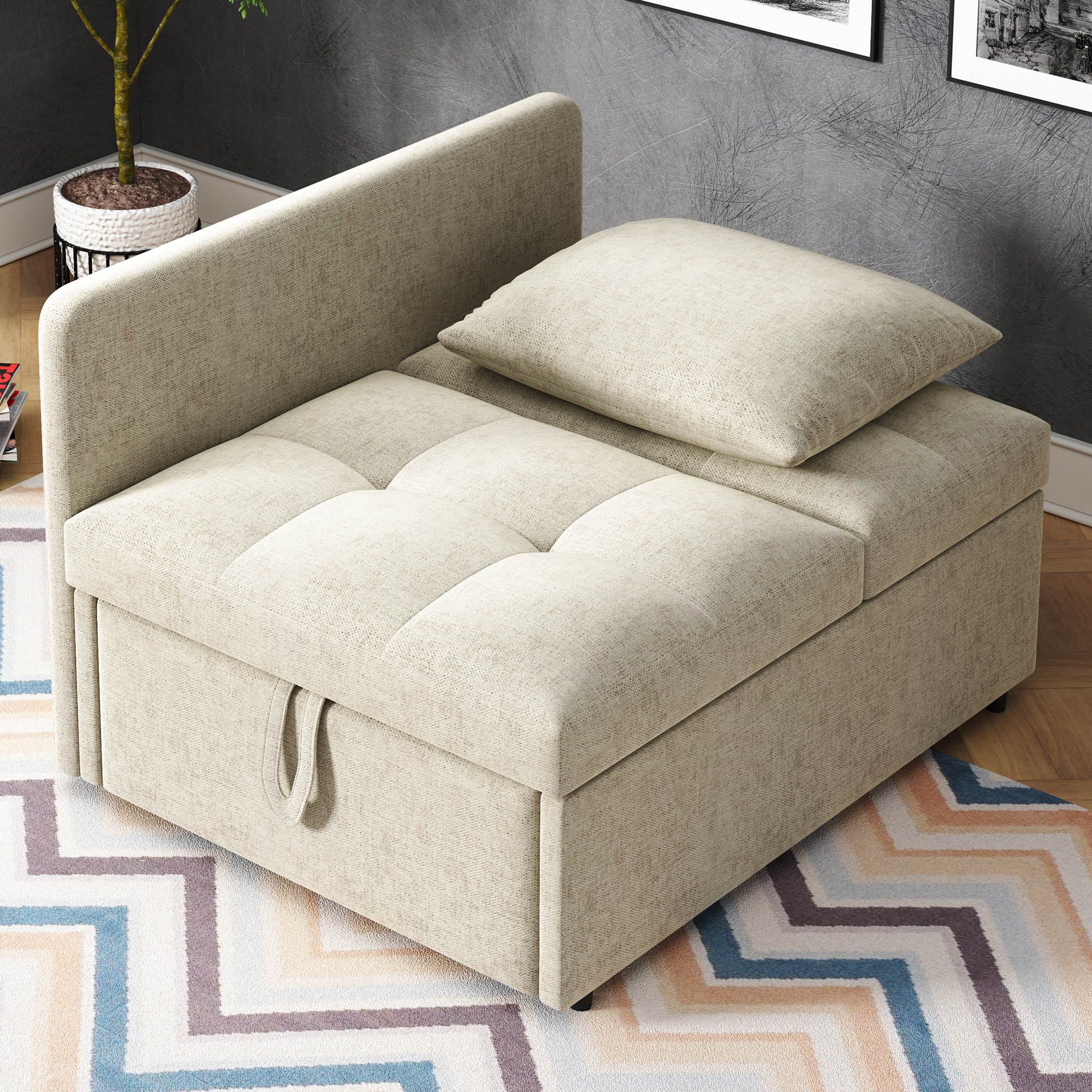 Lit avec rangement beige 177x68x65 cm en lin rembourré avec dossier réglable 5 positions et tiroirs intégrés