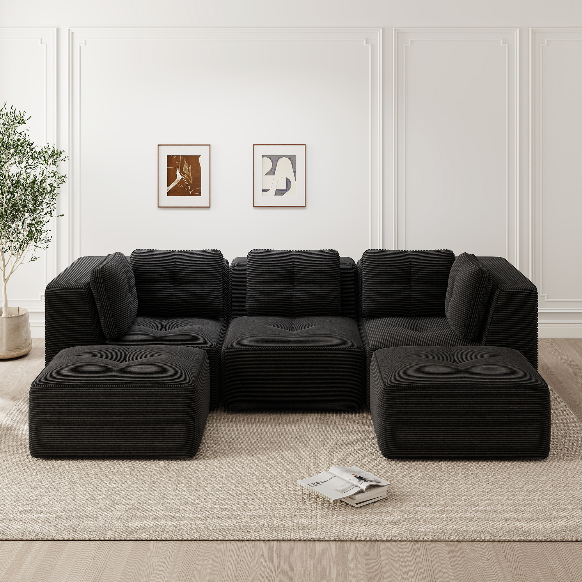 Canapé Modulable Noir Velours Côtelé Résistant Structure Moderne Profondeur 74cm Large Accoudoirs