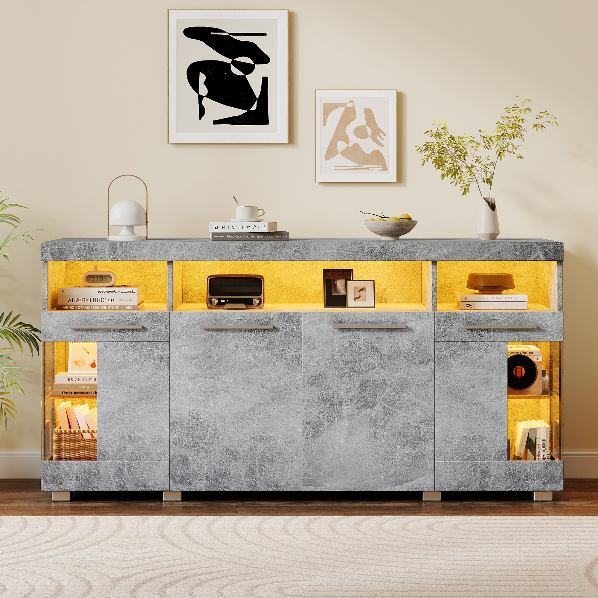 Buffet Salon Industriel Gris Ciment 140x40x70cm, Meuble Rangement LED Connecté App avec 3 Tiroirs et Verre Trempé